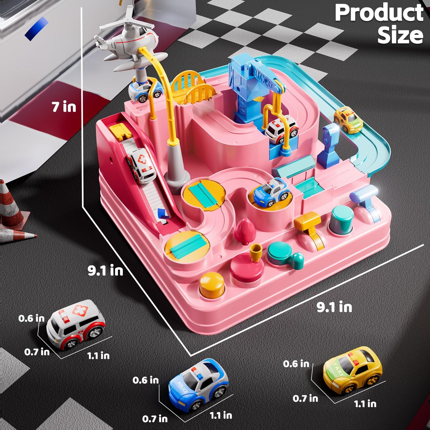 KIZONLY Car Race Track for Kids Aged 4-8 – Pink City Set with 3 Cars & Helicopter