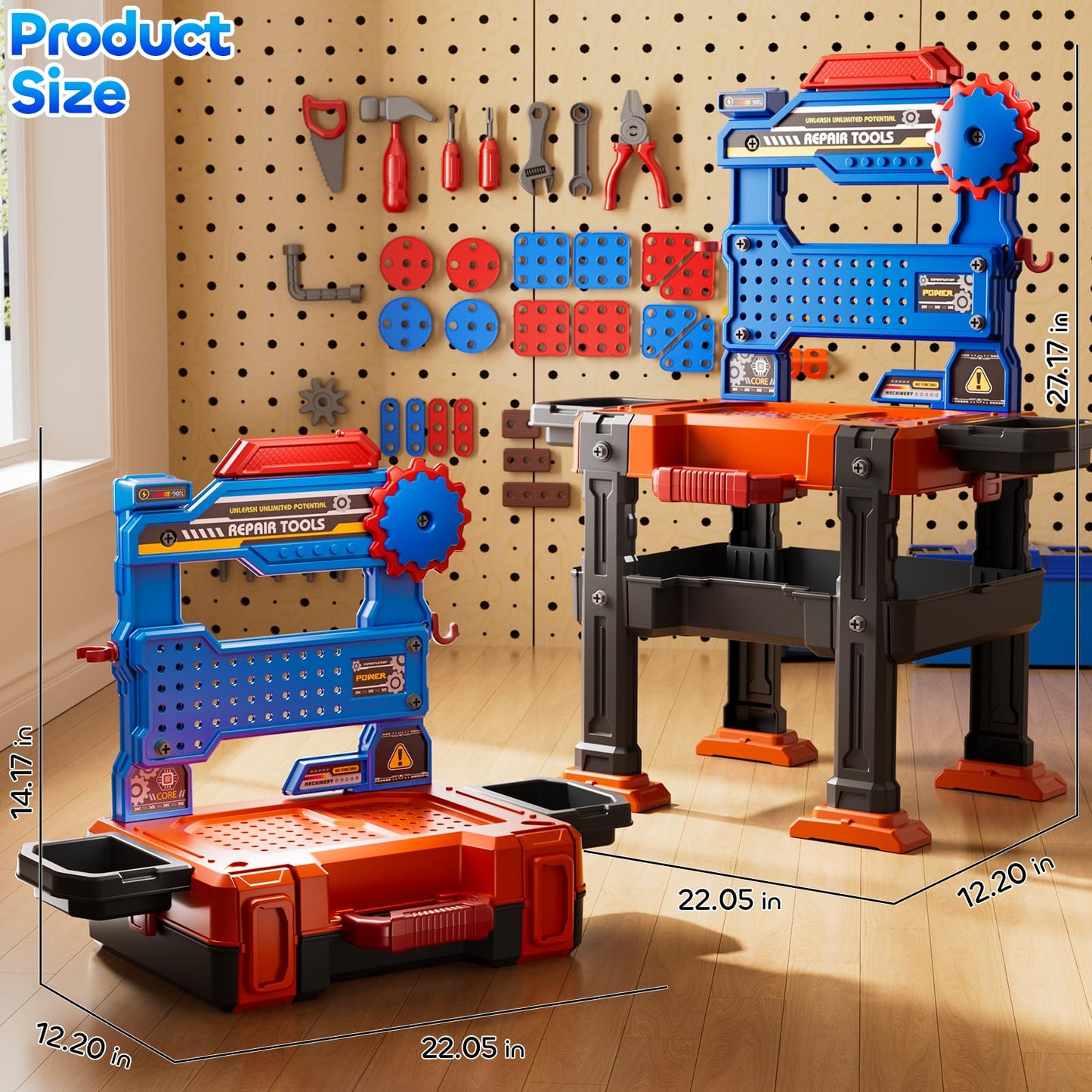KIZONLY 2-in-1 Kids Workbench Tool Set for Ages 3–8 – 145-Piece Pretend Play Construction