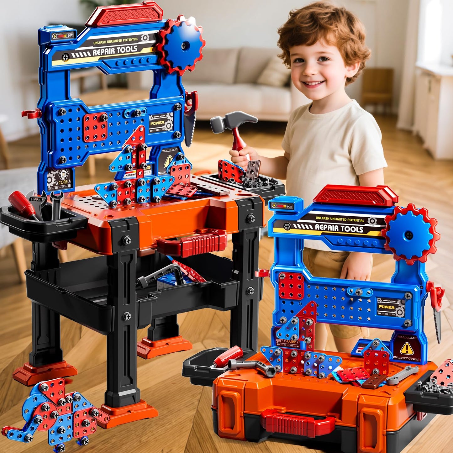 KIZONLY 2-in-1 Kids Workbench Tool Set for Ages 3–8 – 145-Piece Pretend Play Construction