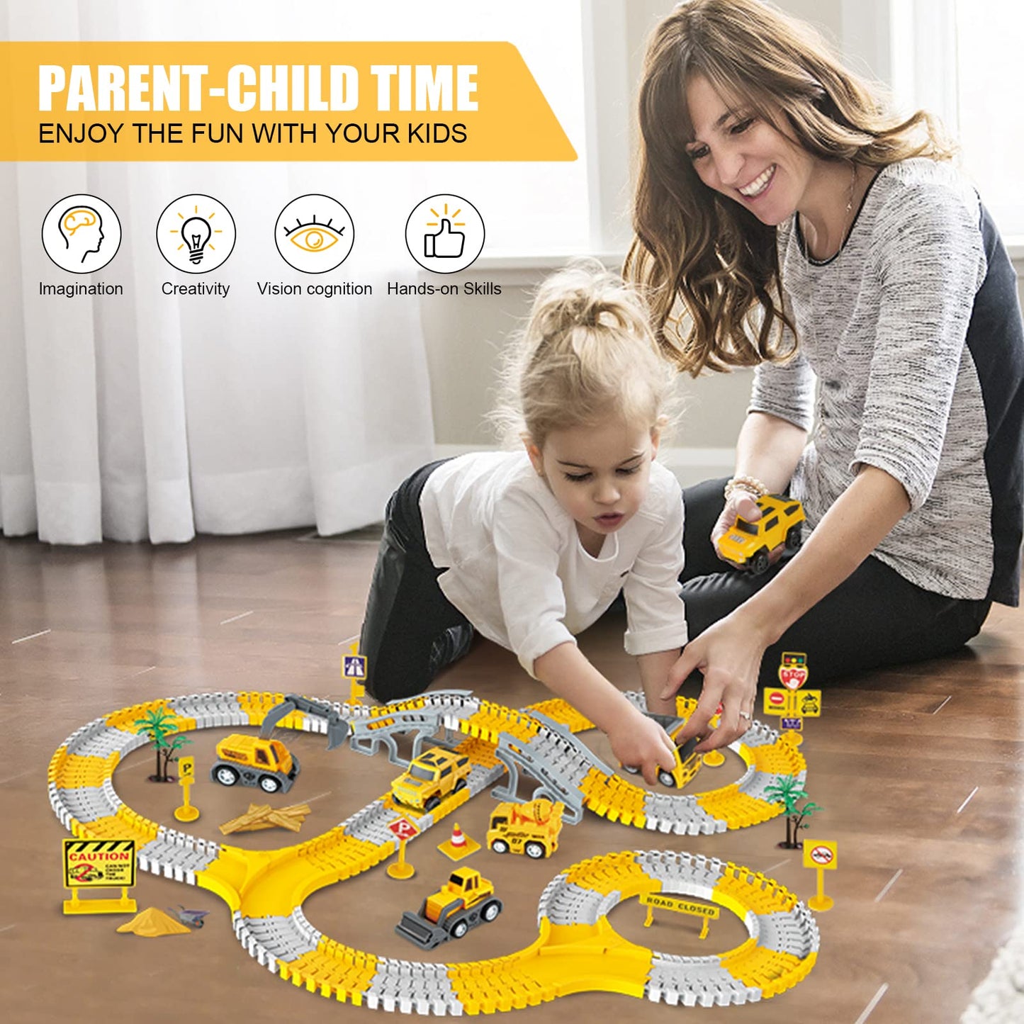 Kizplays 260-Piece Construction Race Tracks Set with 2 Race Cars – DIY Engineering Toys for 3–6 Year Olds
