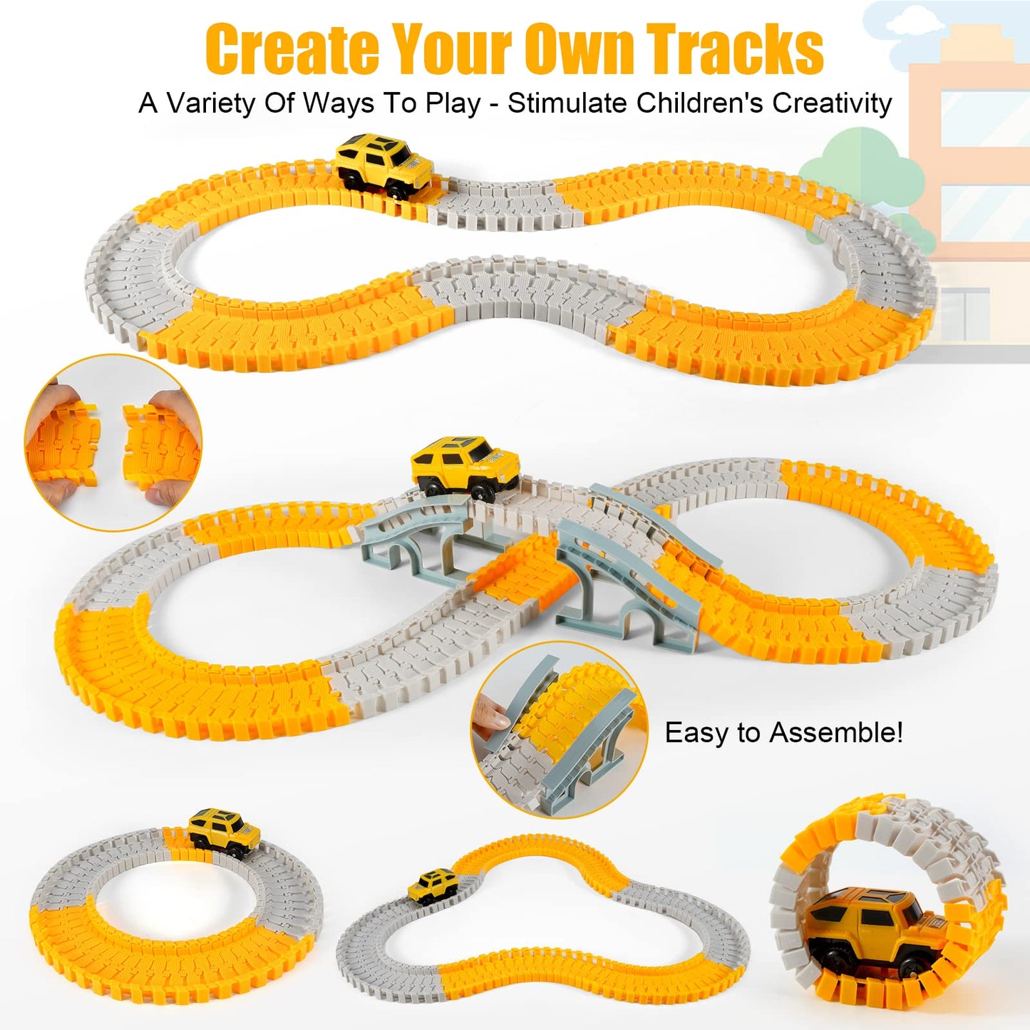 Kizplays 260-Piece Construction Race Tracks Set with 2 Race Cars – DIY Engineering Toys for 3–6 Year Olds