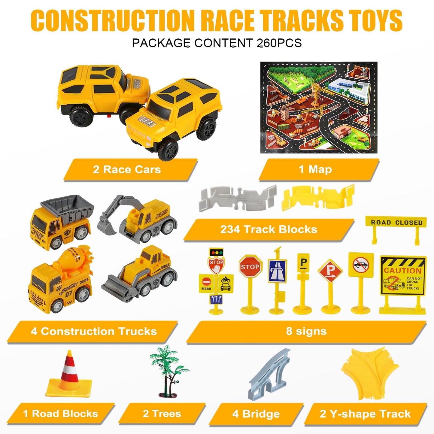 Kizplays 260-Piece Construction Race Tracks Set with 2 Race Cars – DIY Engineering Toys for 3–6 Year Olds