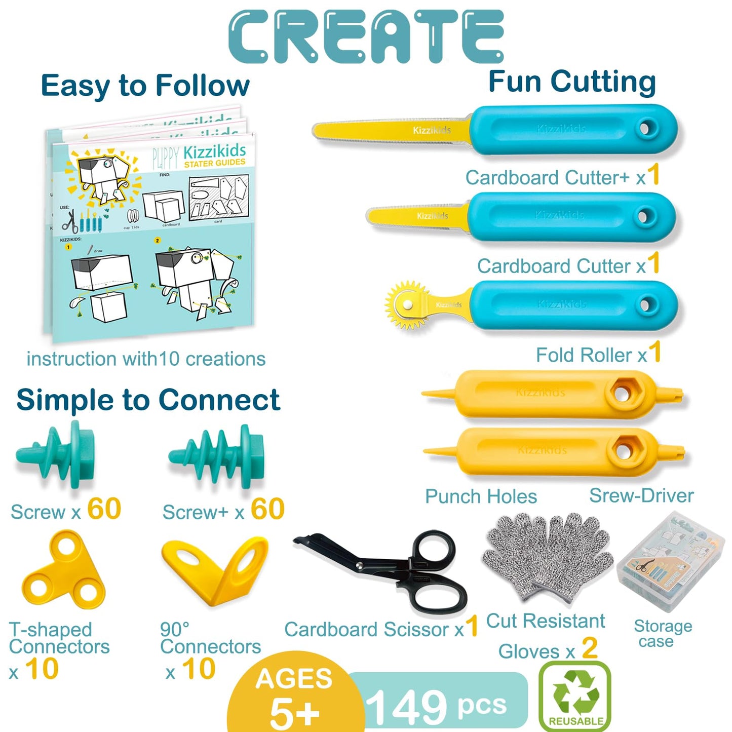 Kizzikids EXPLORE Cardboard Tools – 149-Piece Construction Kit for Creative STEM Play