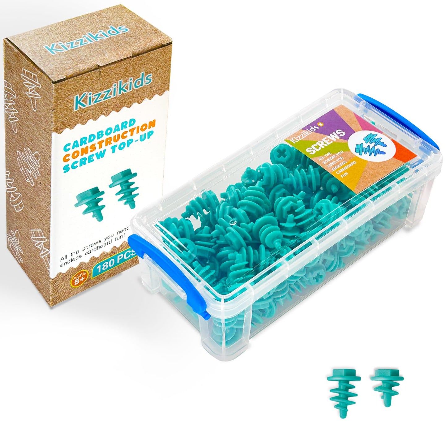 Kizzikids Screws Kit Top-Up 180-Piece – Cardboard Construction Tools for STEM Learning (Blue)