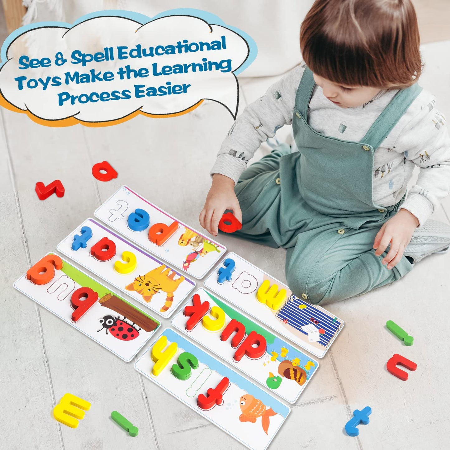 KIZZYEA Learning Letter Flash Cards & Wooden Blocks – Alphabet & CVC Word Builders for 2-6 Year Olds