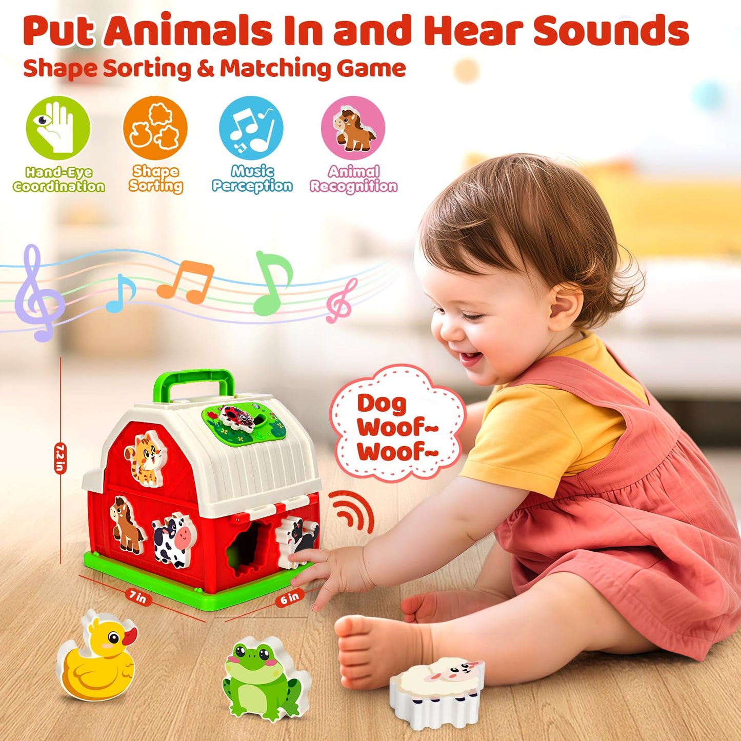 KIZZYEA Montessori Farm Barn Toy for Toddlers — Musical Shape Sorting & Fine Motor Skills (1-3 yrs)
