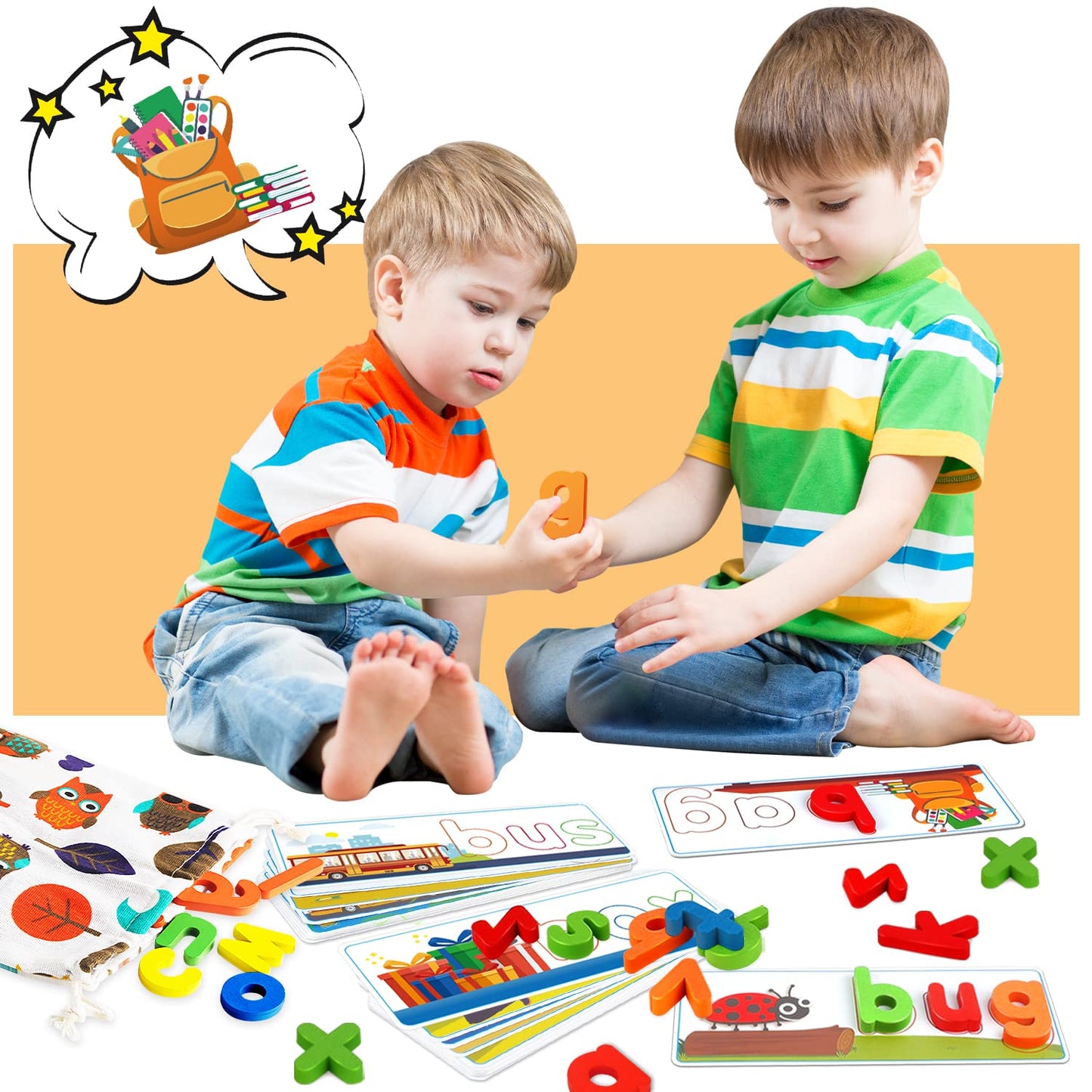 KIZZYEA Learning Letter Flash Cards & Wooden Blocks – Alphabet & CVC Word Builders for 2-6 Year Olds