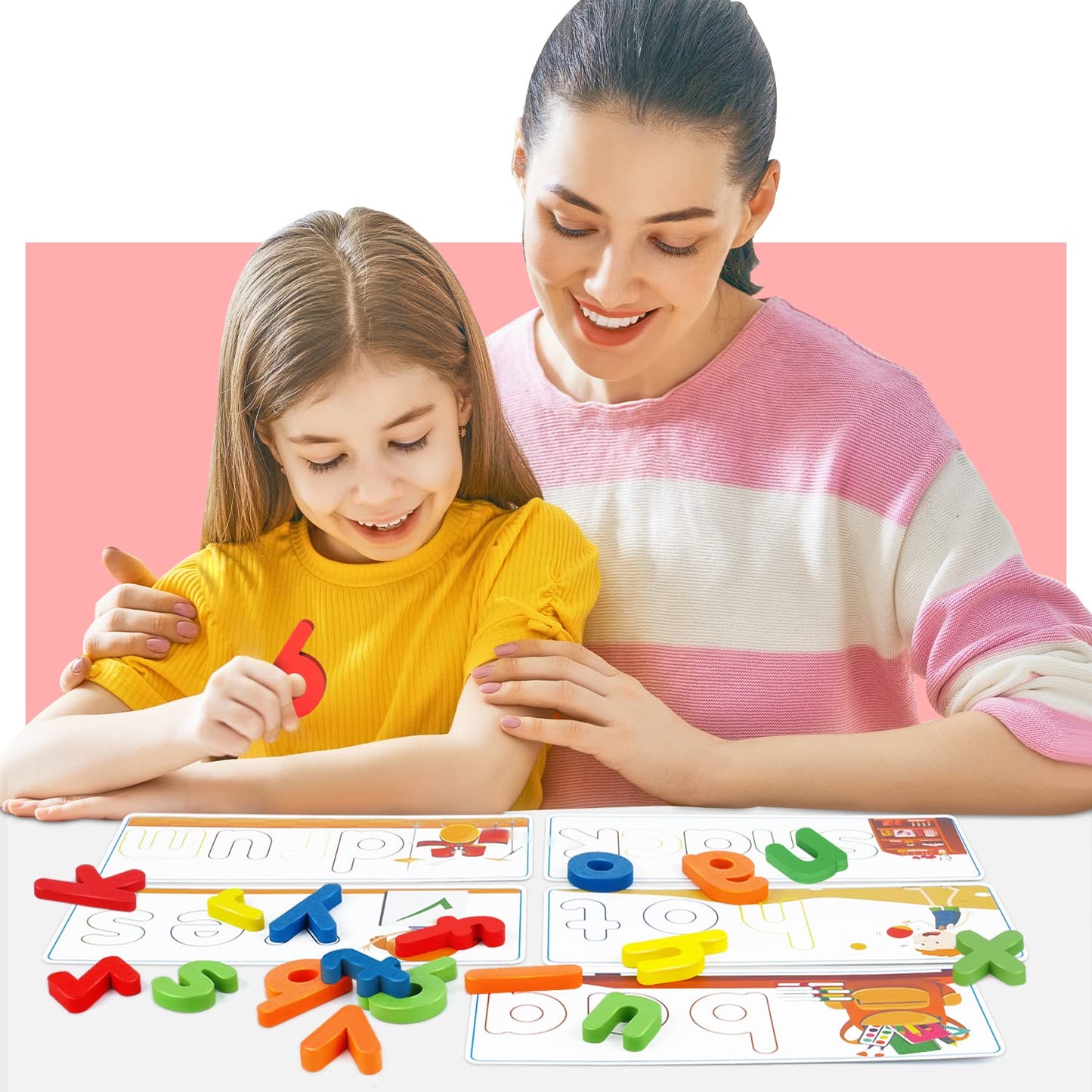 KIZZYEA Learning Letter Flash Cards & Wooden Blocks – Alphabet & CVC Word Builders for 2-6 Year Olds
