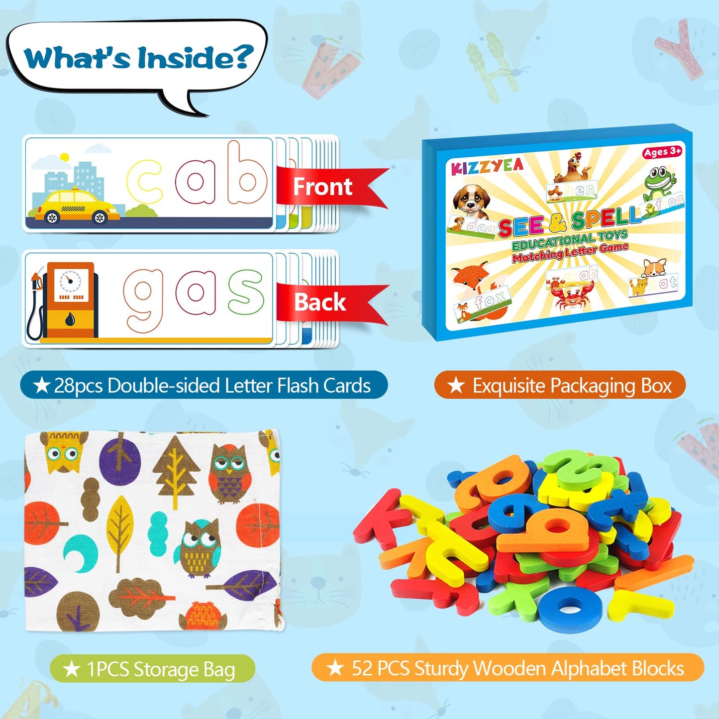 KIZZYEA Learning Letter Flash Cards & Wooden Blocks – Alphabet & CVC Word Builders for 2-6 Year Olds