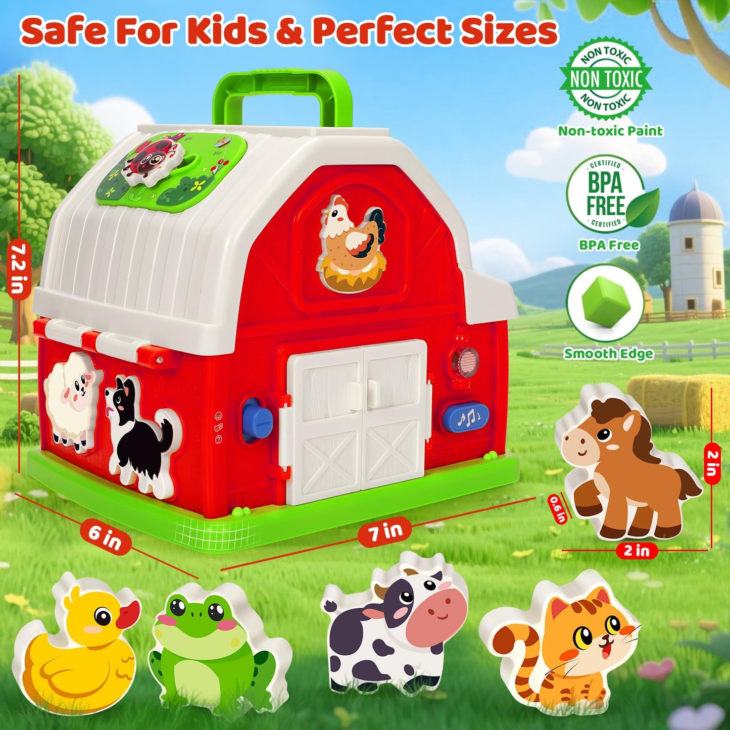 KIZZYEA Montessori Farm Barn Toy for Toddlers — Musical Shape Sorting & Fine Motor Skills (1-3 yrs)