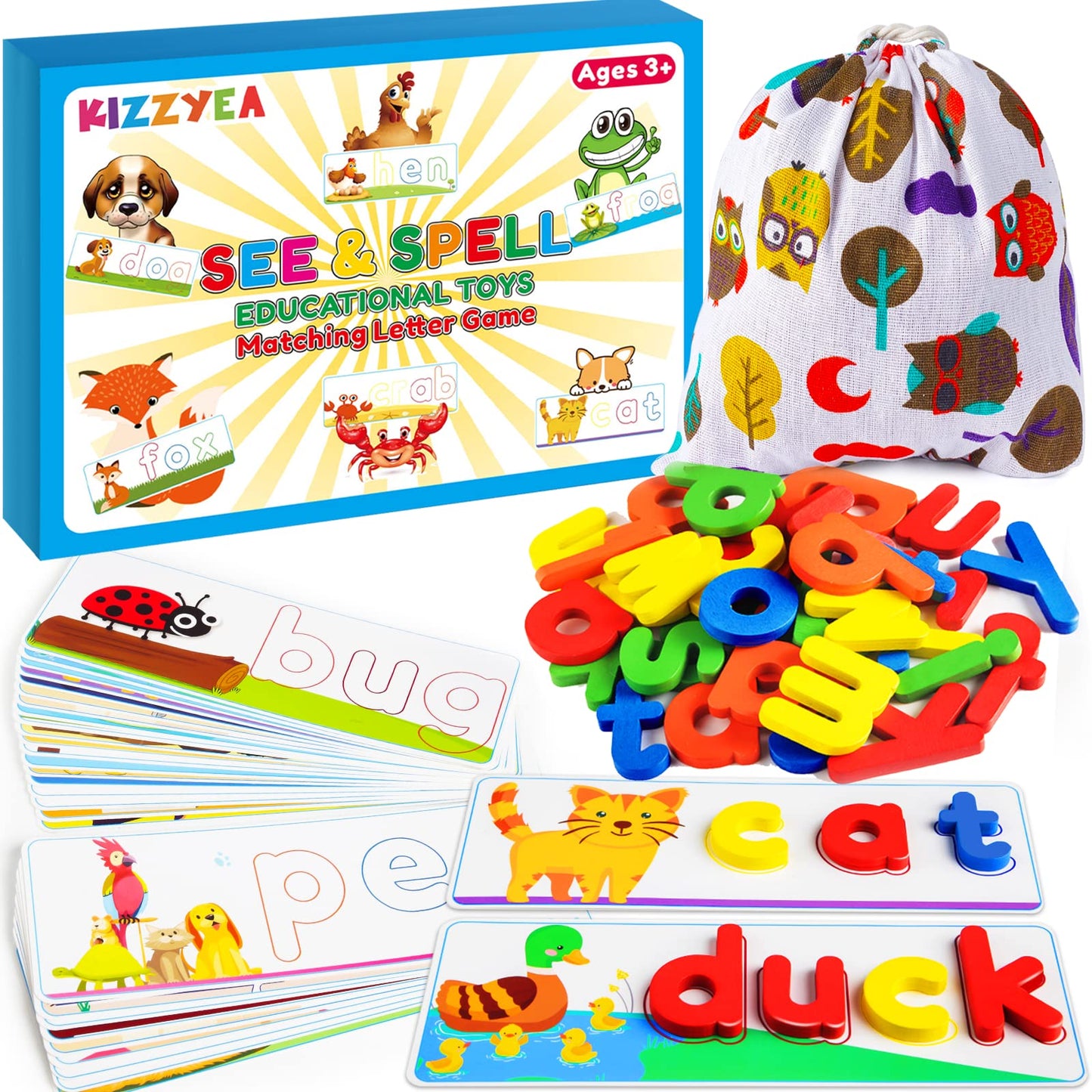 KIZZYEA Learning Letter Flash Cards & Wooden Blocks – Alphabet & CVC Word Builders for 2-6 Year Olds
