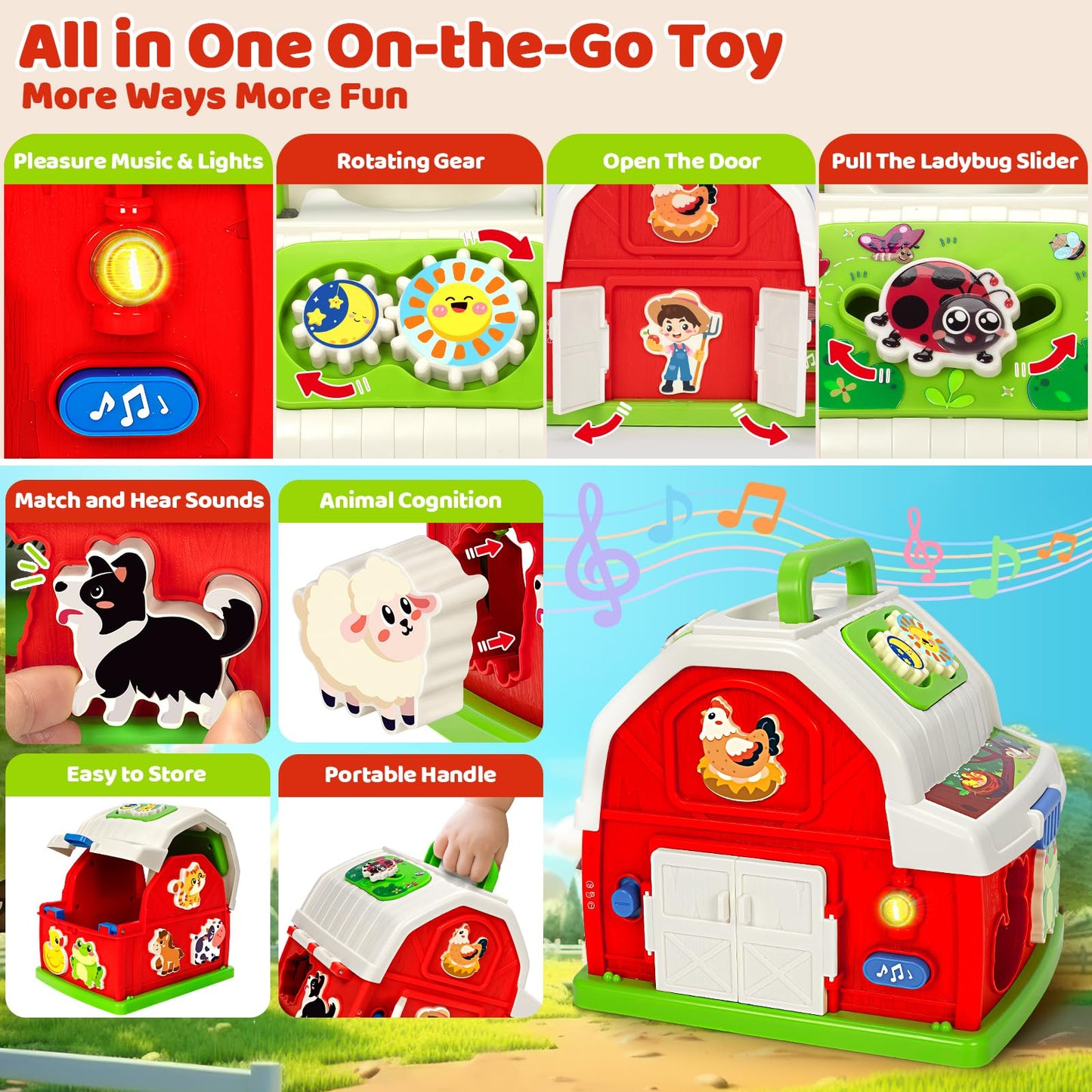 KIZZYEA Montessori Farm Barn Toy for Toddlers — Musical Shape Sorting & Fine Motor Skills (1-3 yrs)