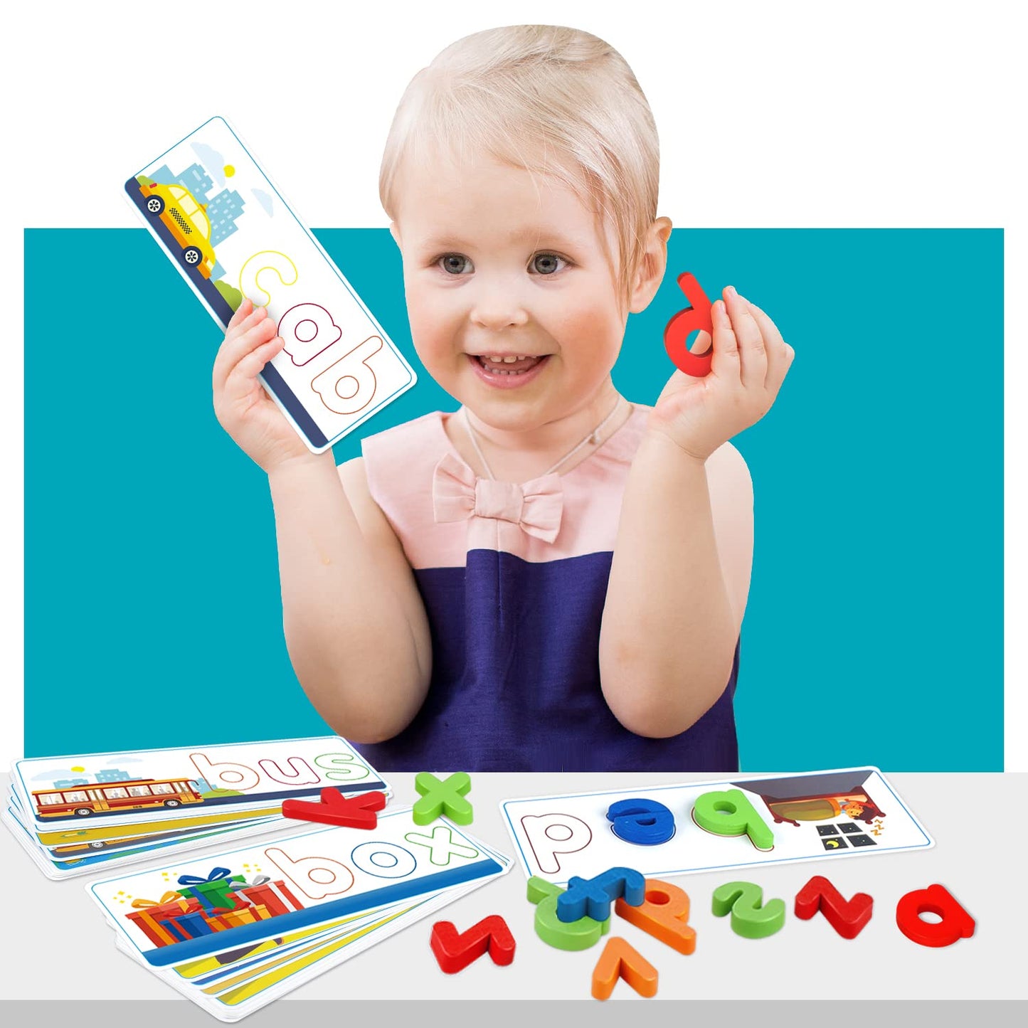 KIZZYEA Learning Letter Flash Cards & Wooden Blocks – Alphabet & CVC Word Builders for 2-6 Year Olds