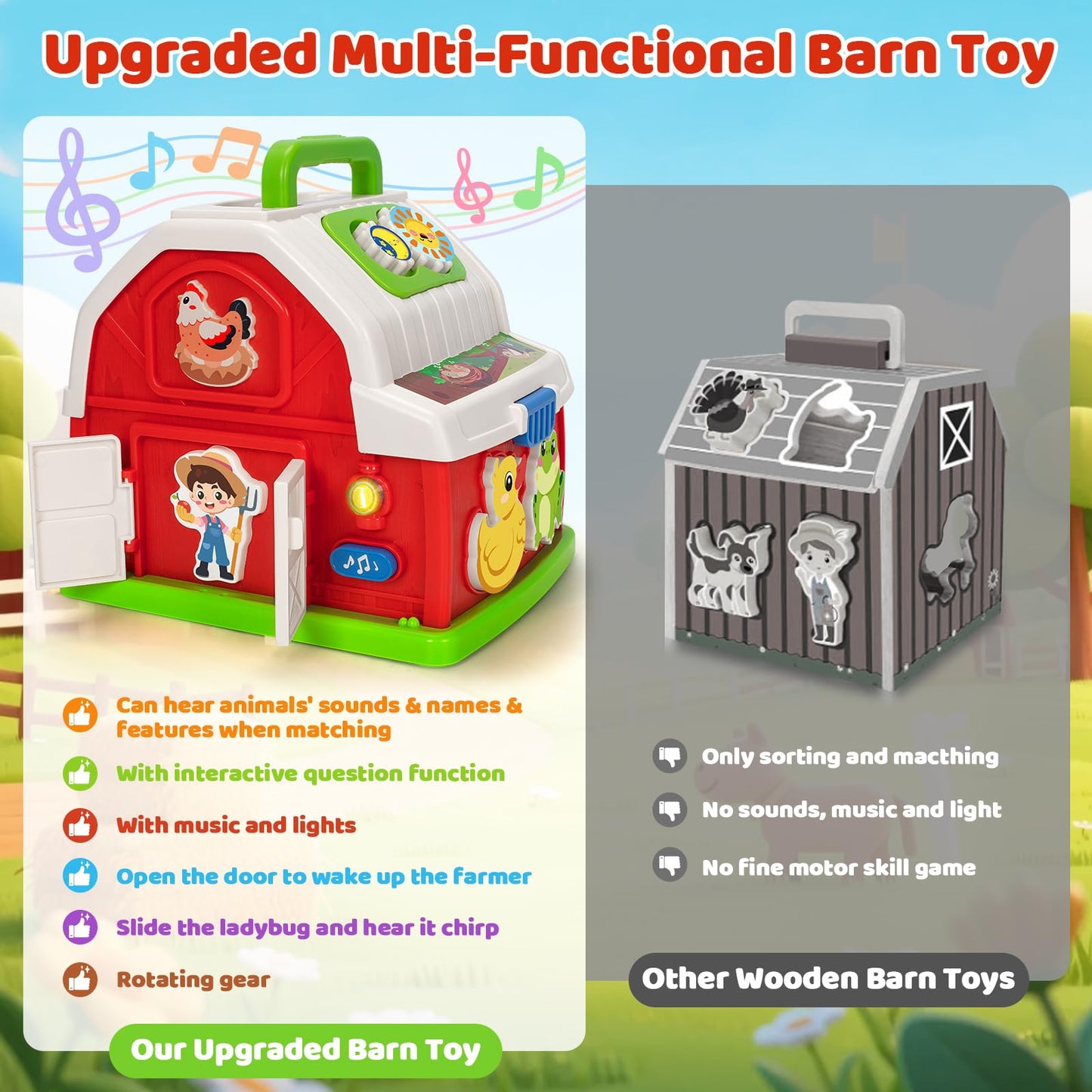 KIZZYEA Montessori Farm Barn Toy for Toddlers — Musical Shape Sorting & Fine Motor Skills (1-3 yrs)