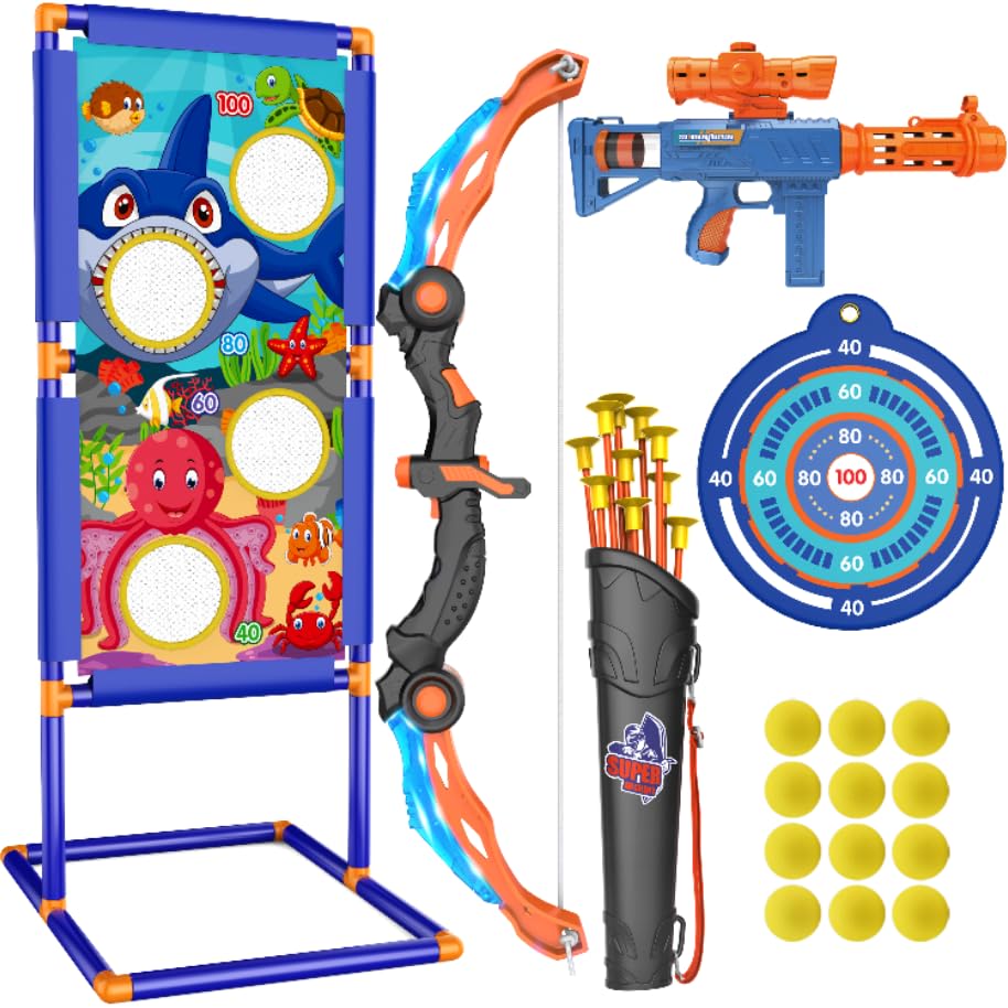 KKONES Kids Bow and Arrow Set – 2-in-1 LED Archery Toy with Foam Balls & Suction Cup Arrows
