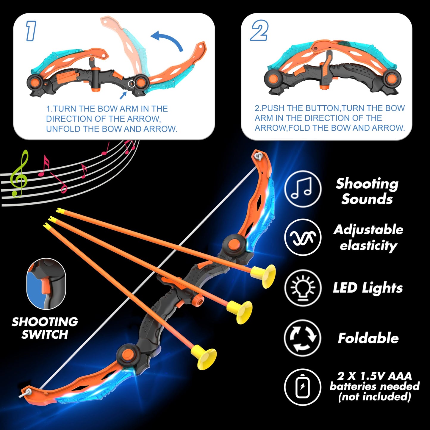 KKONES Kids Bow and Arrow Set – 2-in-1 LED Archery Toy with Foam Balls & Suction Cup Arrows