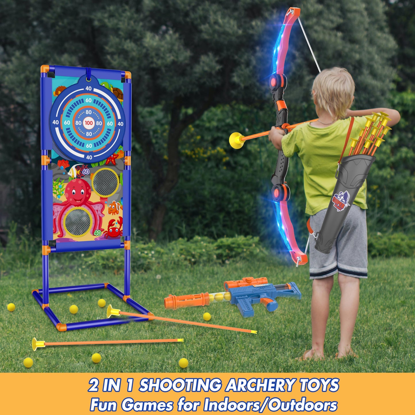 KKONES Kids Bow and Arrow Set – 2-in-1 LED Archery Toy with Foam Balls & Suction Cup Arrows