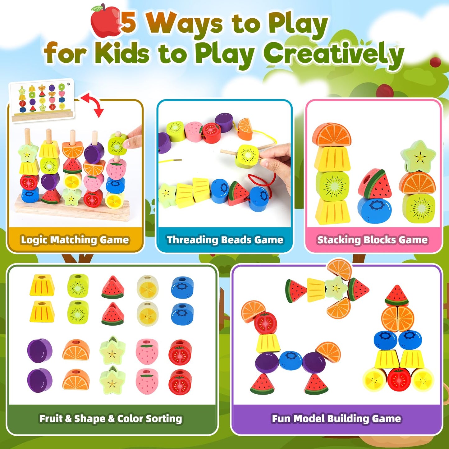 KLAPTOR Montessori Wooden Beads Stacking Toys – Sequencing, Sorting & Lacing for 2-5 Year Olds