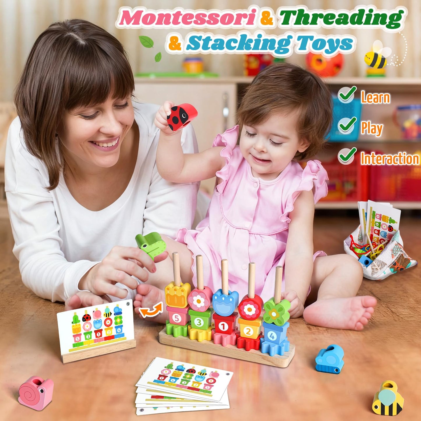 KLAPTOR Montessori Wooden Toys for 2-4 Year Olds – Beads, Stacking & Lacing