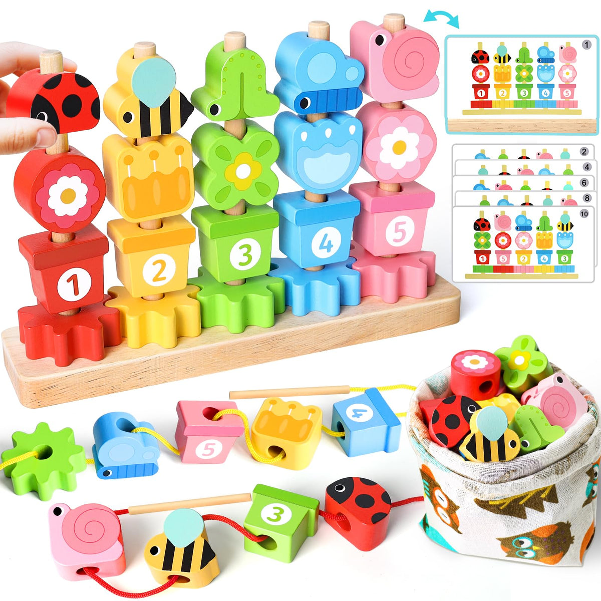 KLAPTOR Montessori Wooden Toys for 2-4 Year Olds – Beads, Stacking & Lacing