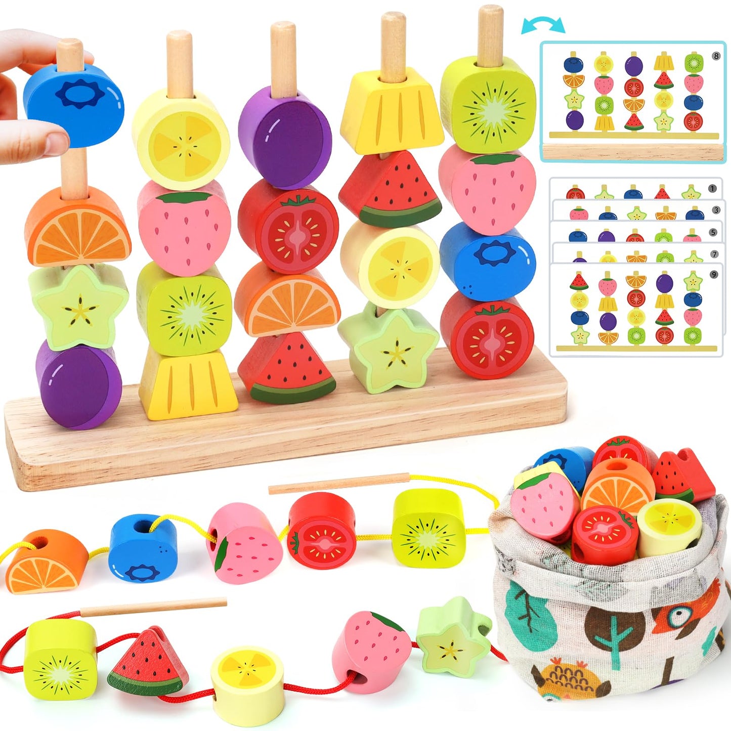 KLAPTOR Montessori Wooden Beads Stacking Toys – Sequencing, Sorting & Lacing for 2-5 Year Olds