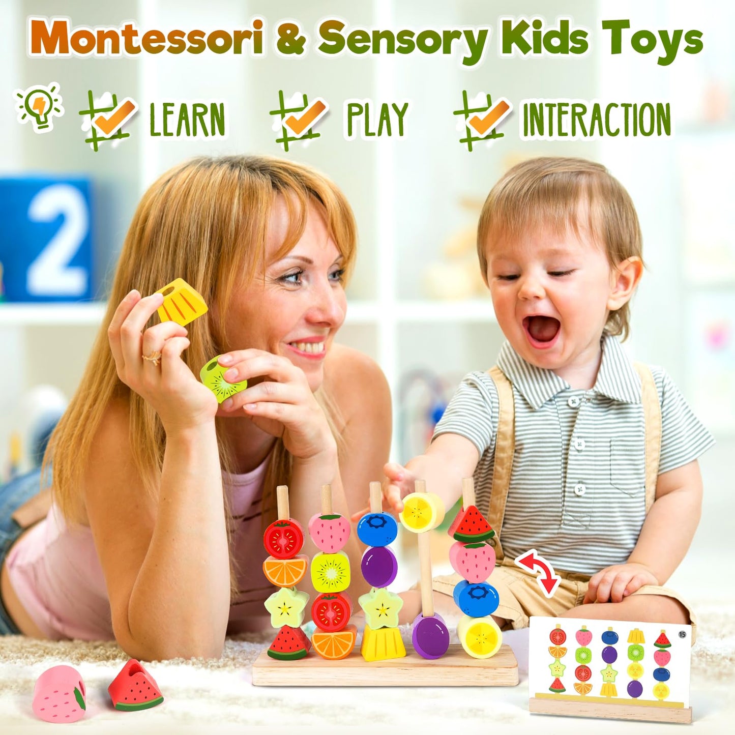 KLAPTOR Montessori Wooden Beads Stacking Toys – Sequencing, Sorting & Lacing for 2-5 Year Olds