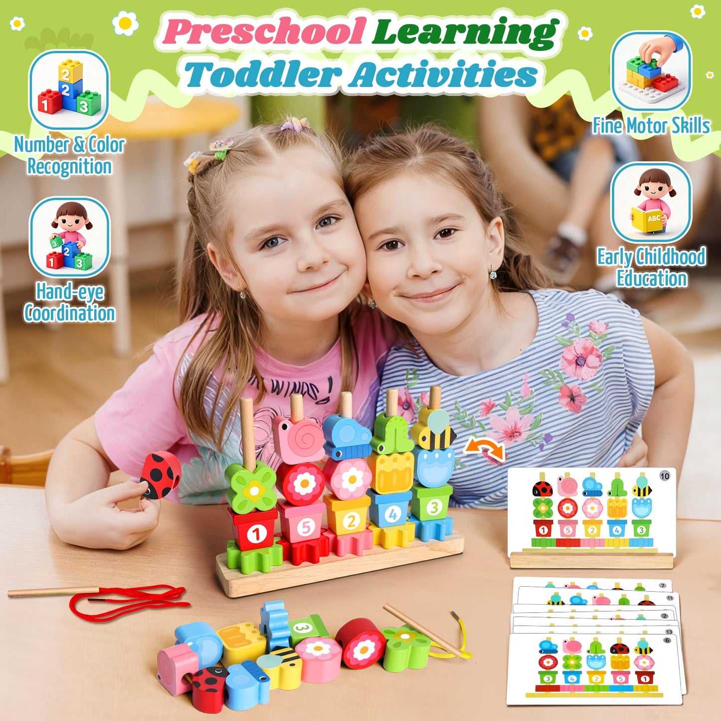 KLAPTOR Montessori Wooden Toys for 2-4 Year Olds – Beads, Stacking & Lacing