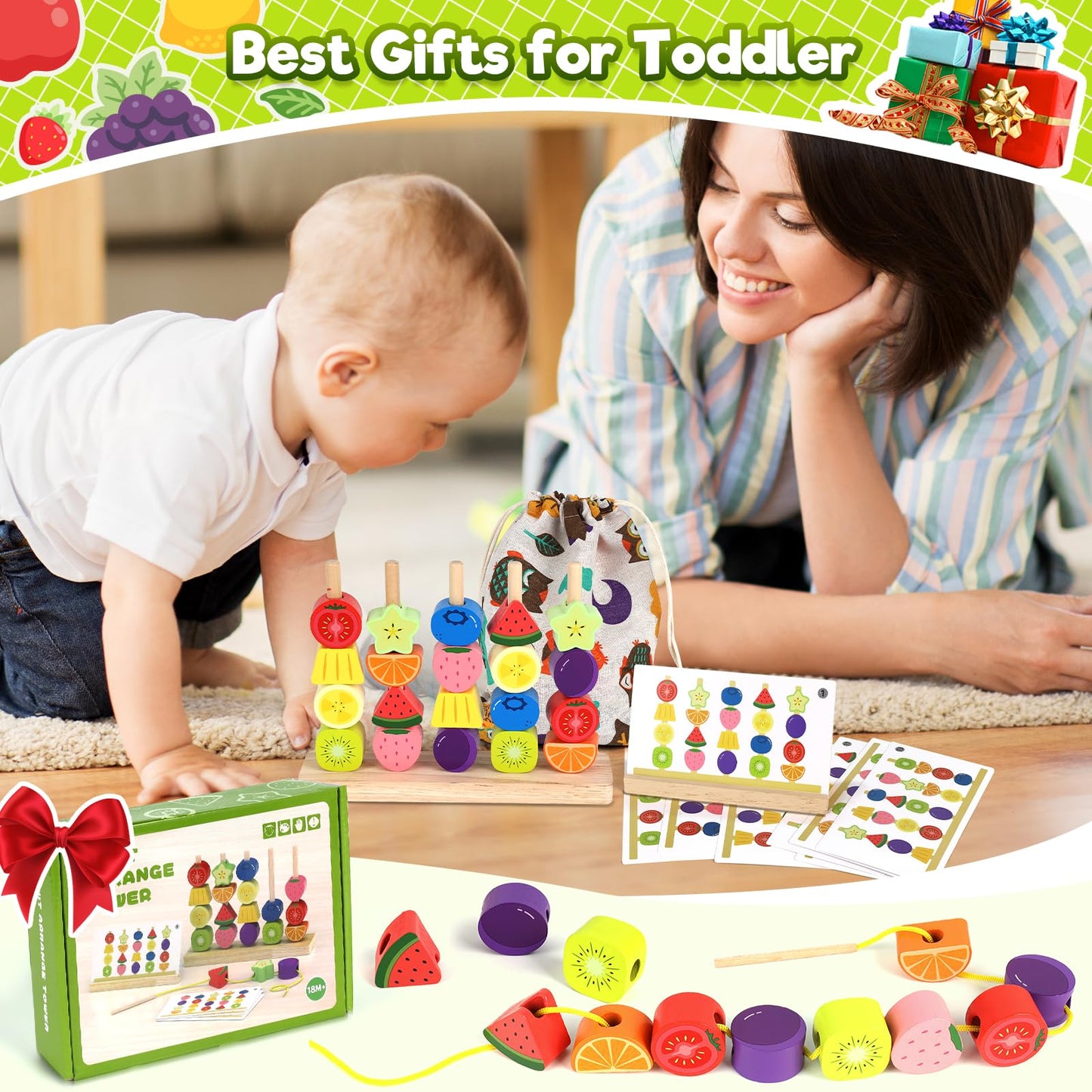 KLAPTOR Montessori Wooden Beads Stacking Toys – Sequencing, Sorting & Lacing for 2-5 Year Olds