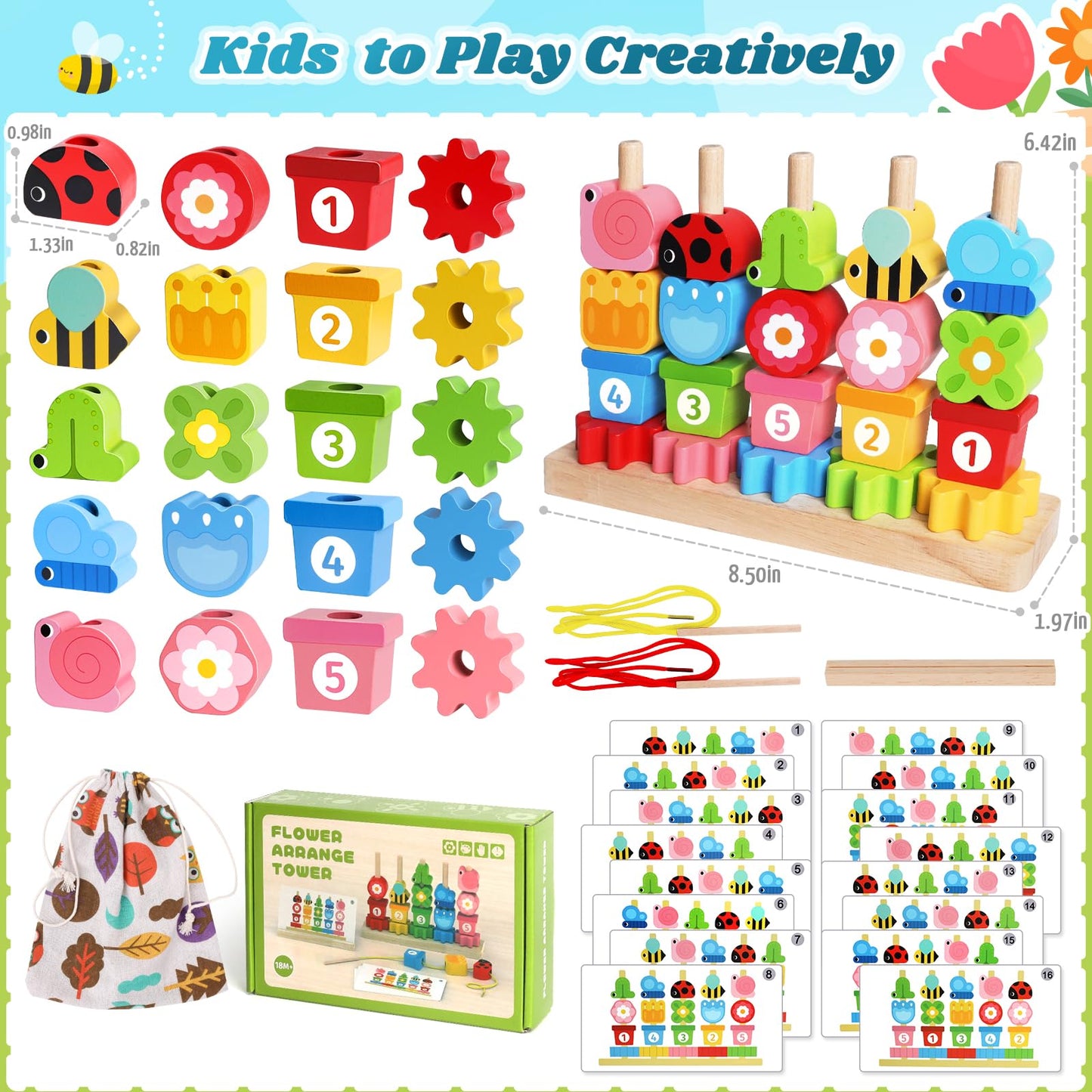 KLAPTOR Montessori Wooden Toys for 2-4 Year Olds – Beads, Stacking & Lacing