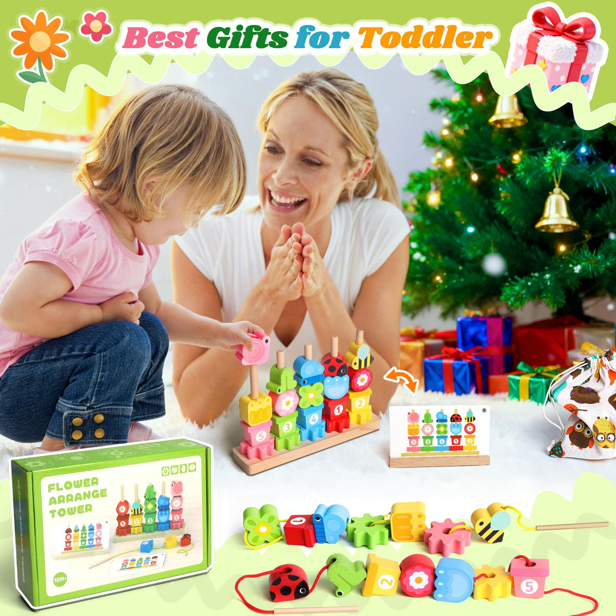 KLAPTOR Montessori Wooden Toys for 2-4 Year Olds – Beads, Stacking & Lacing