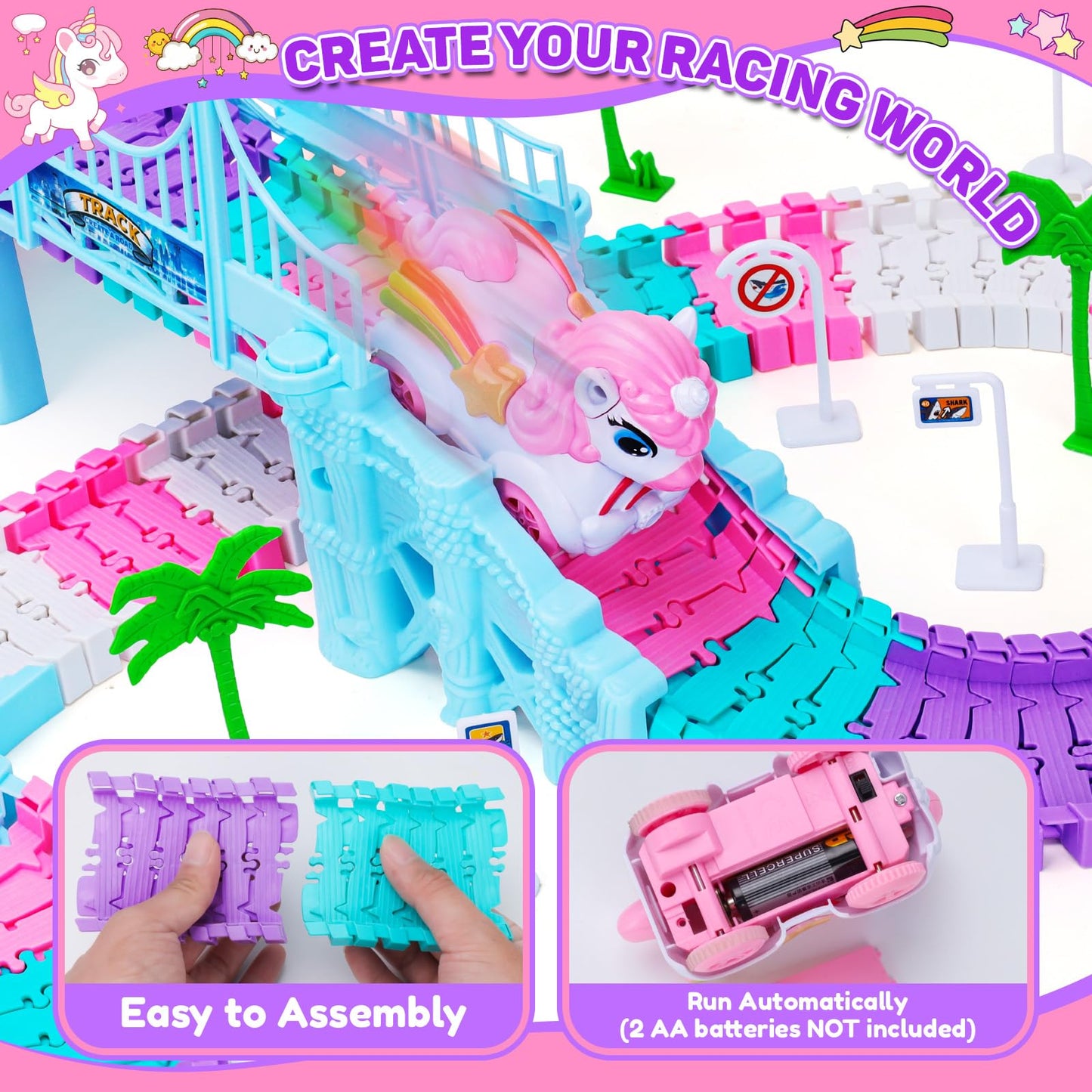 KLAPTOR Race Track Toys – Unicorn & Shark 194-Piece Flexible Racetrack for Kids Ages 3-9