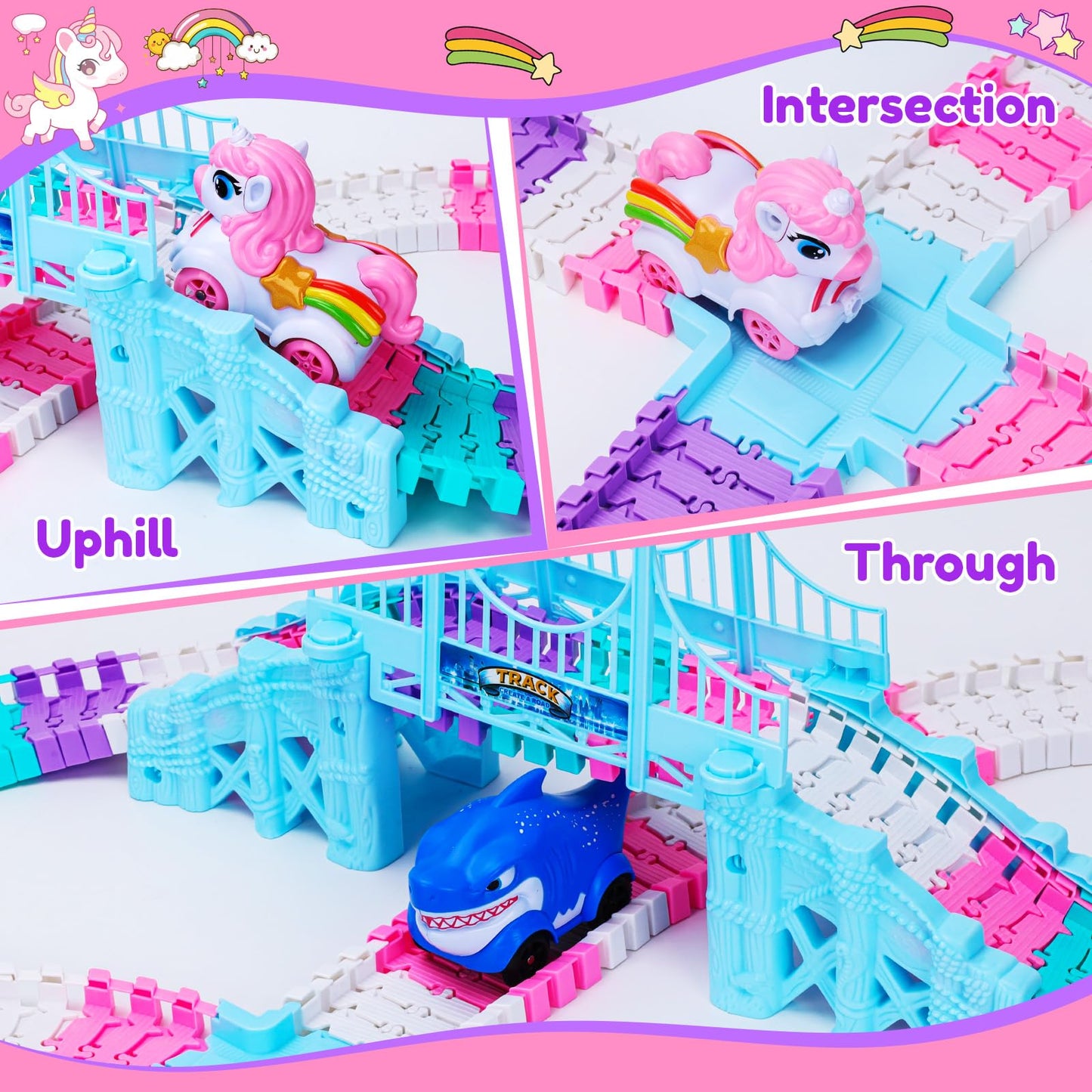 KLAPTOR Race Track Toys – Unicorn & Shark 194-Piece Flexible Racetrack for Kids Ages 3-9