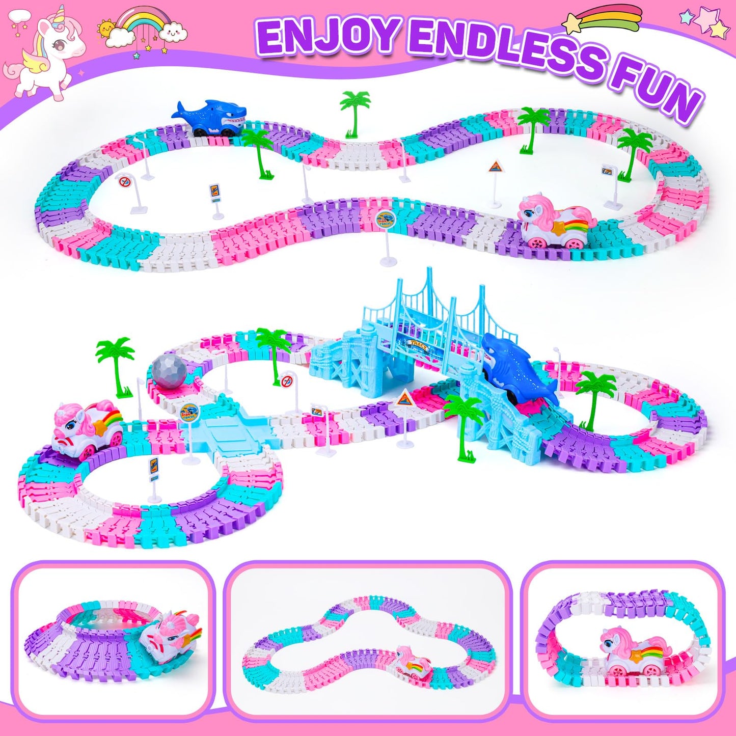 KLAPTOR Race Track Toys – Unicorn & Shark 194-Piece Flexible Racetrack for Kids Ages 3-9