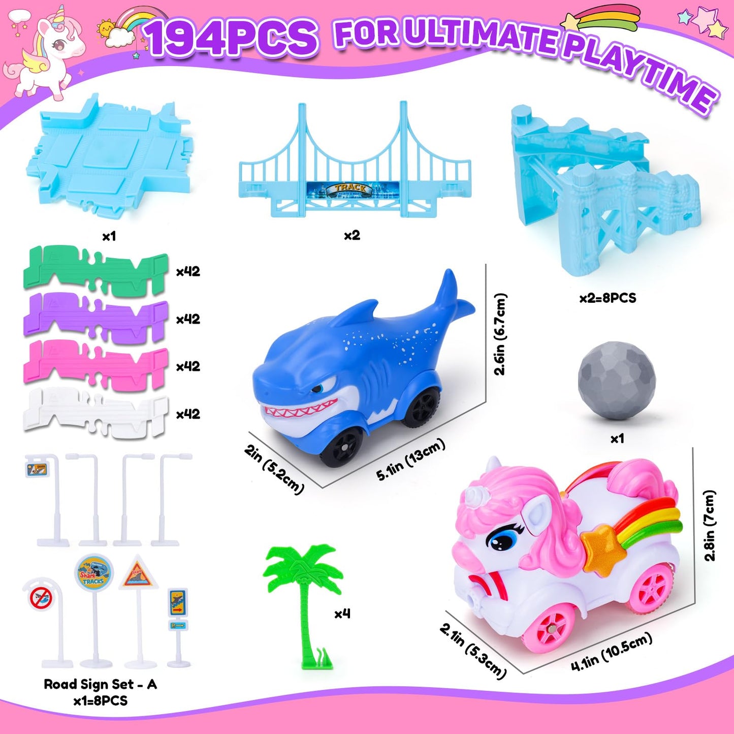 KLAPTOR Race Track Toys – Unicorn & Shark 194-Piece Flexible Racetrack for Kids Ages 3-9