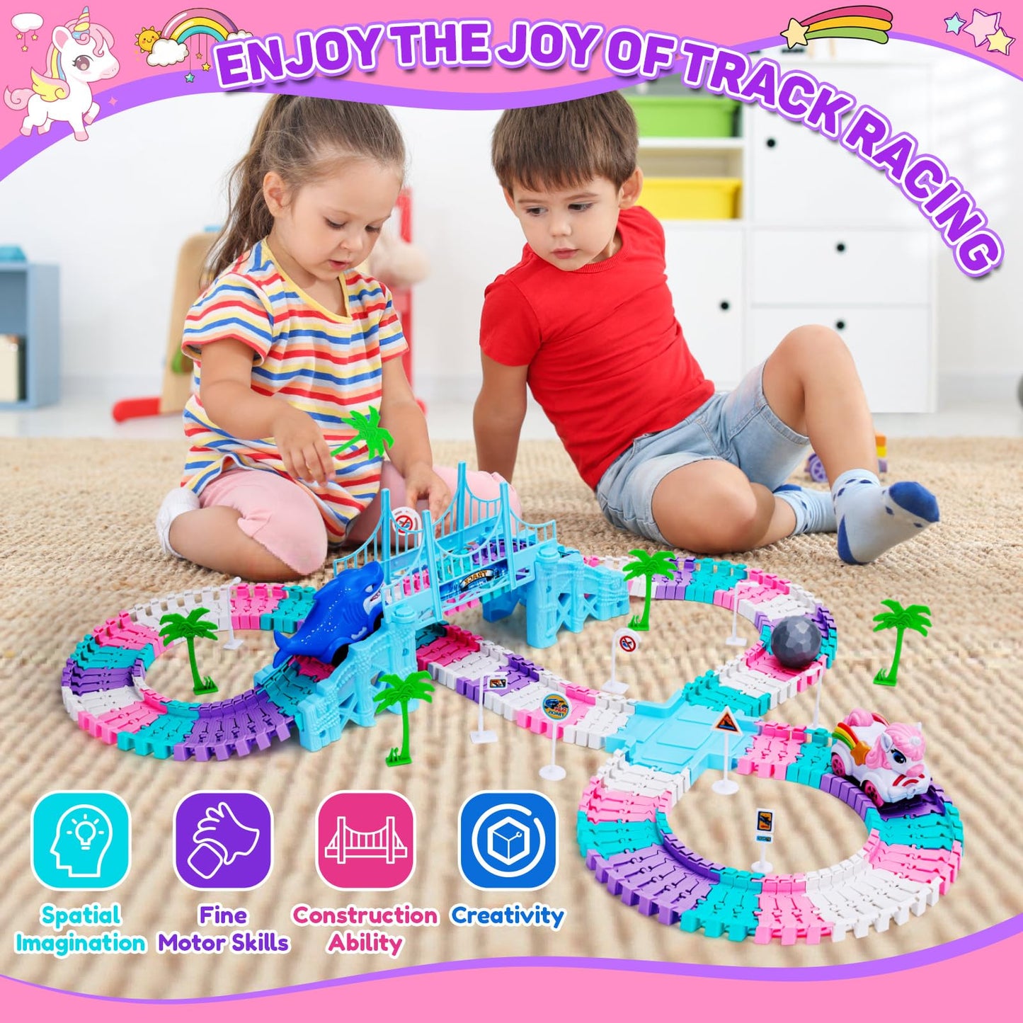KLAPTOR Race Track Toys – Unicorn & Shark 194-Piece Flexible Racetrack for Kids Ages 3-9