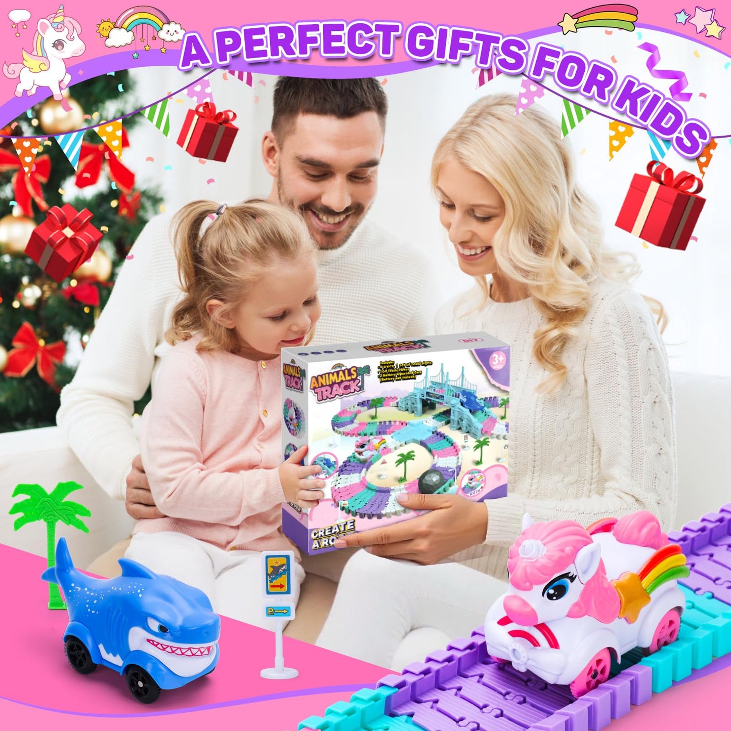 KLAPTOR Race Track Toys – Unicorn & Shark 194-Piece Flexible Racetrack for Kids Ages 3-9