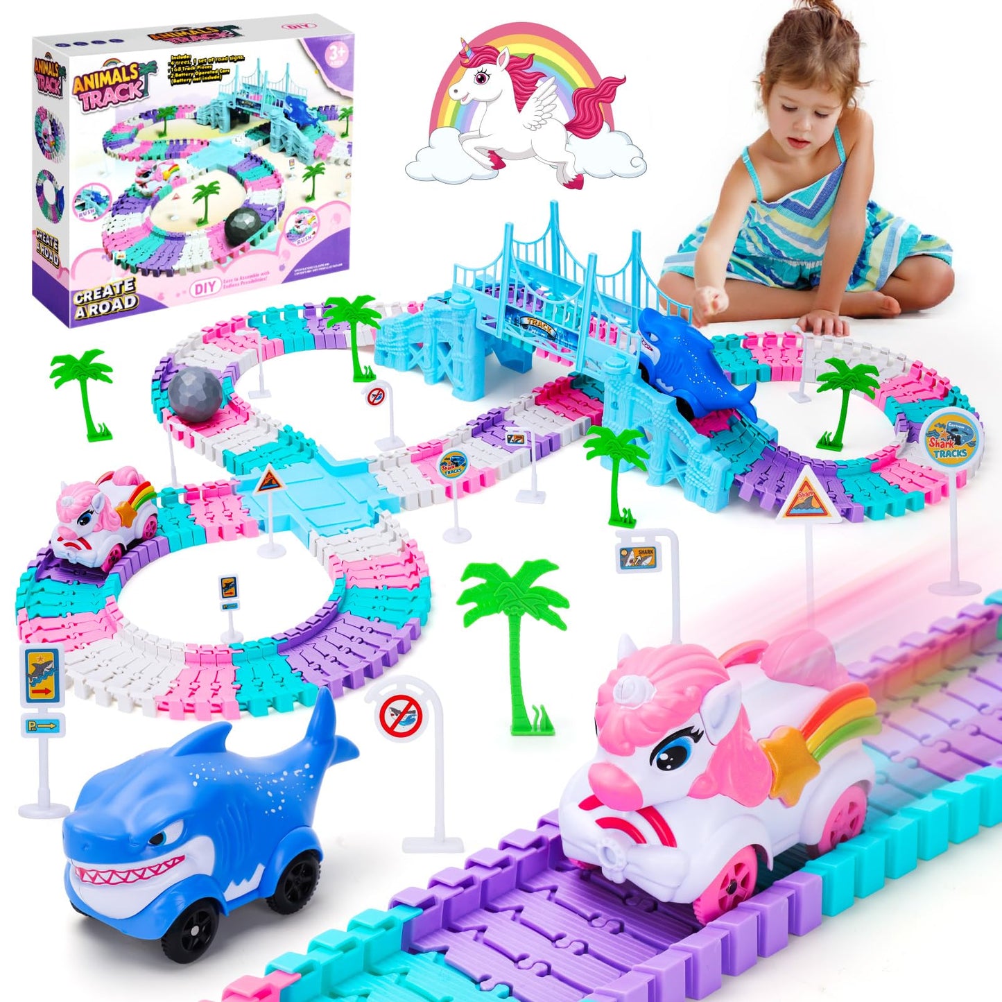 KLAPTOR Race Track Toys – Unicorn & Shark 194-Piece Flexible Racetrack for Kids Ages 3-9
