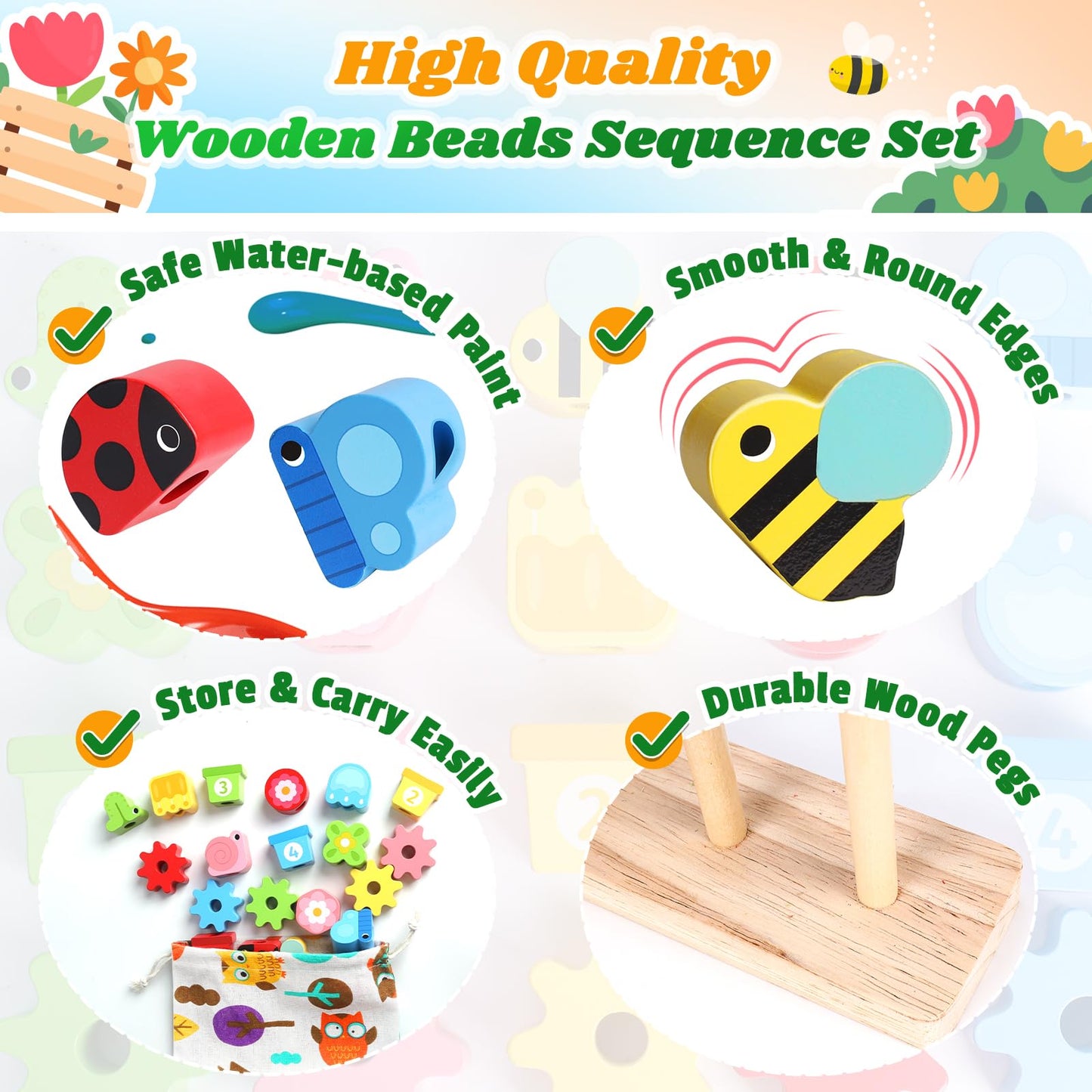 KLAPTOR Montessori Wooden Toys for 2-4 Year Olds – Beads, Stacking & Lacing