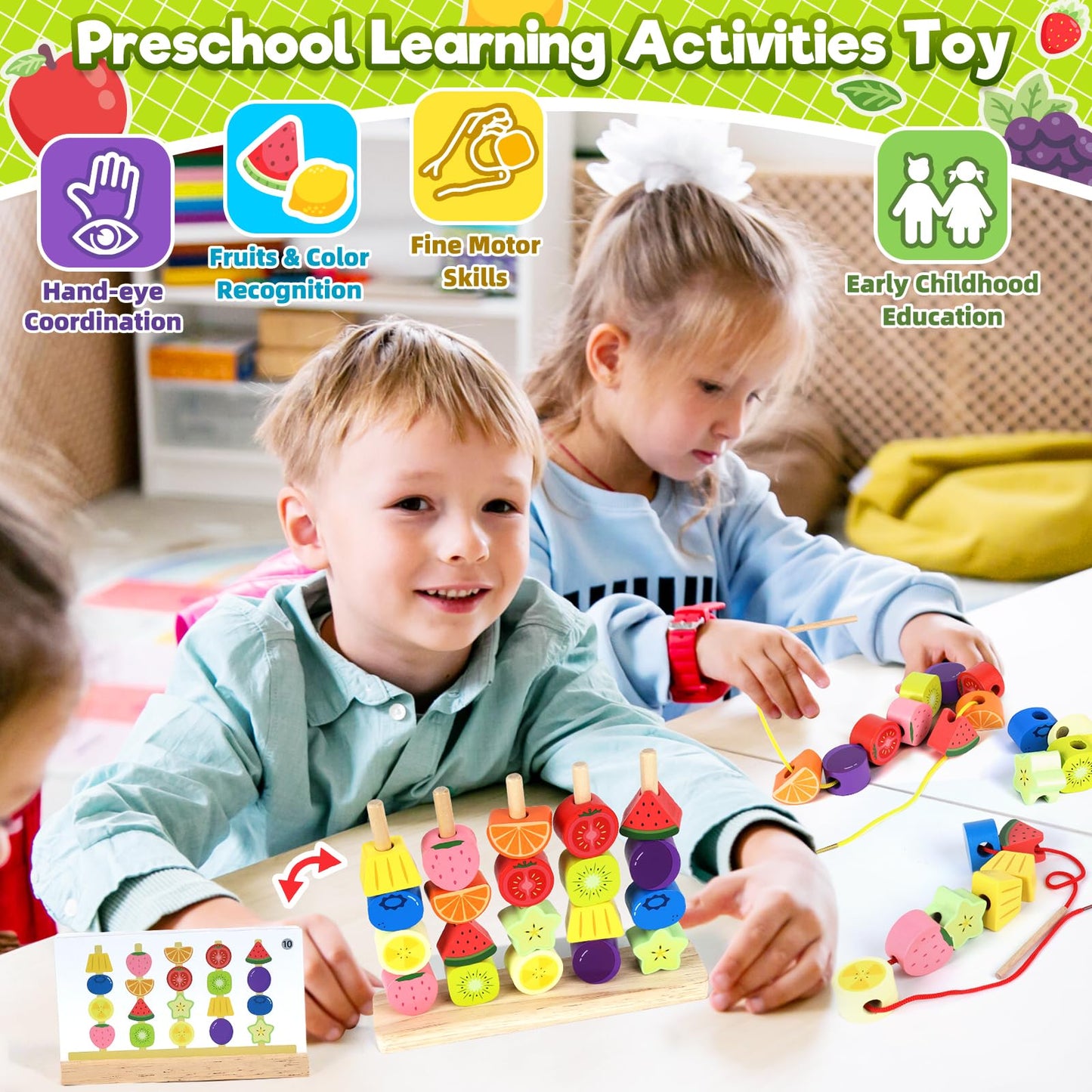 KLAPTOR Montessori Wooden Beads Stacking Toys – Sequencing, Sorting & Lacing for 2-5 Year Olds