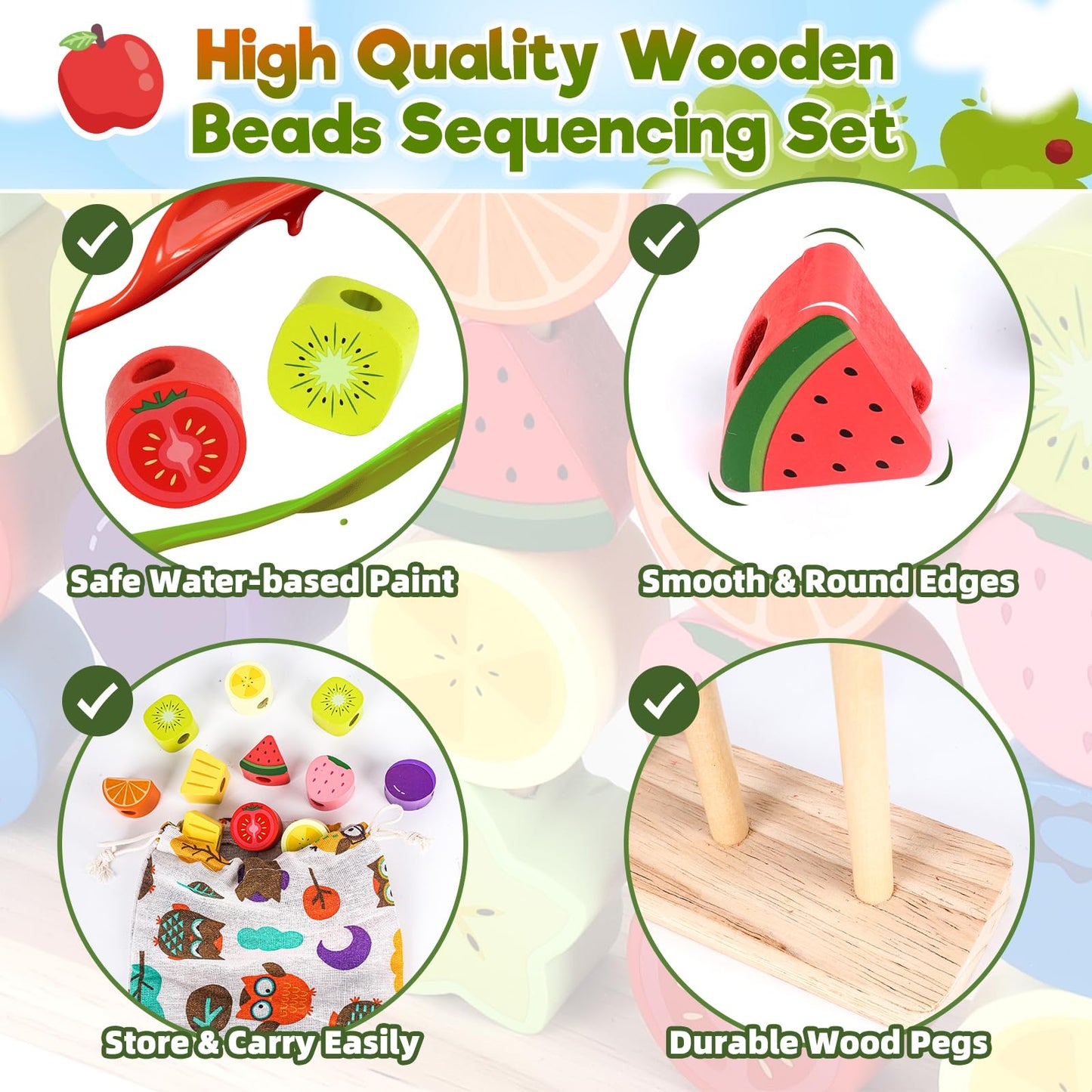 KLAPTOR Montessori Wooden Beads Stacking Toys – Sequencing, Sorting & Lacing for 2-5 Year Olds