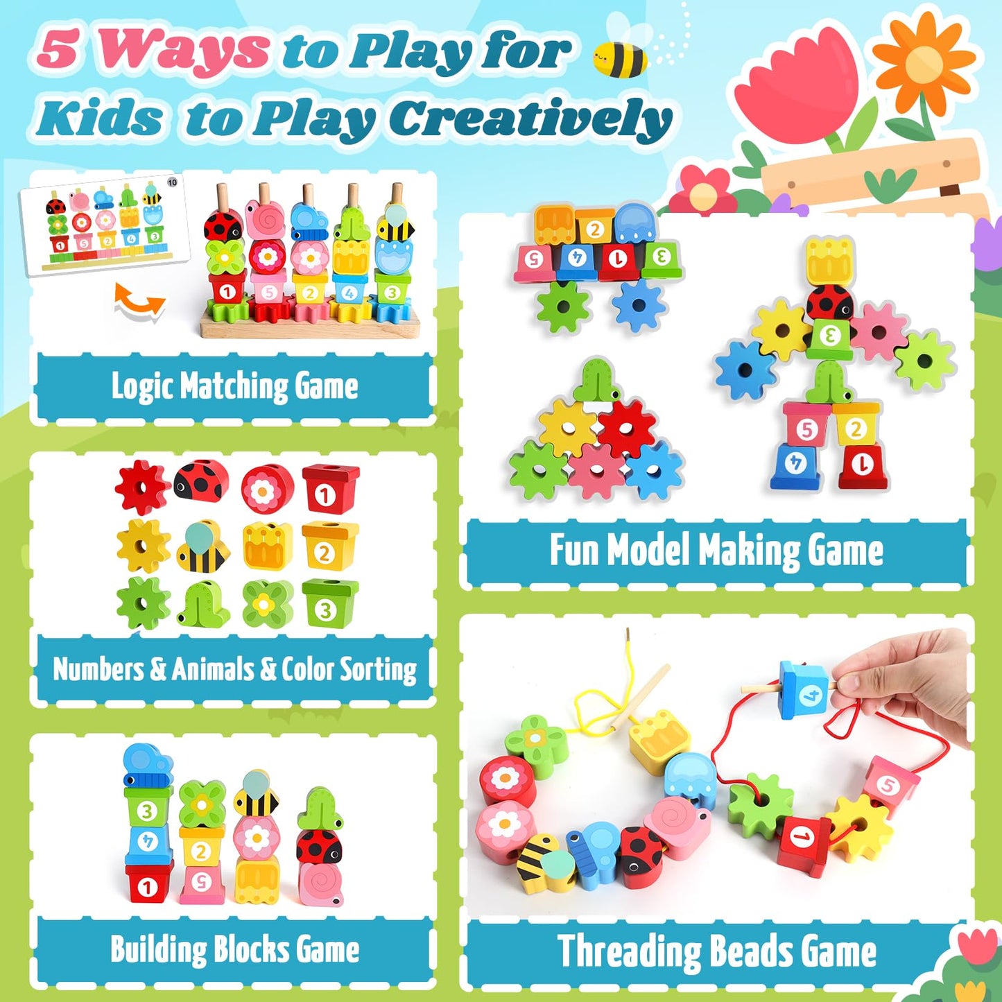 KLAPTOR Montessori Wooden Toys for 2-4 Year Olds – Beads, Stacking & Lacing