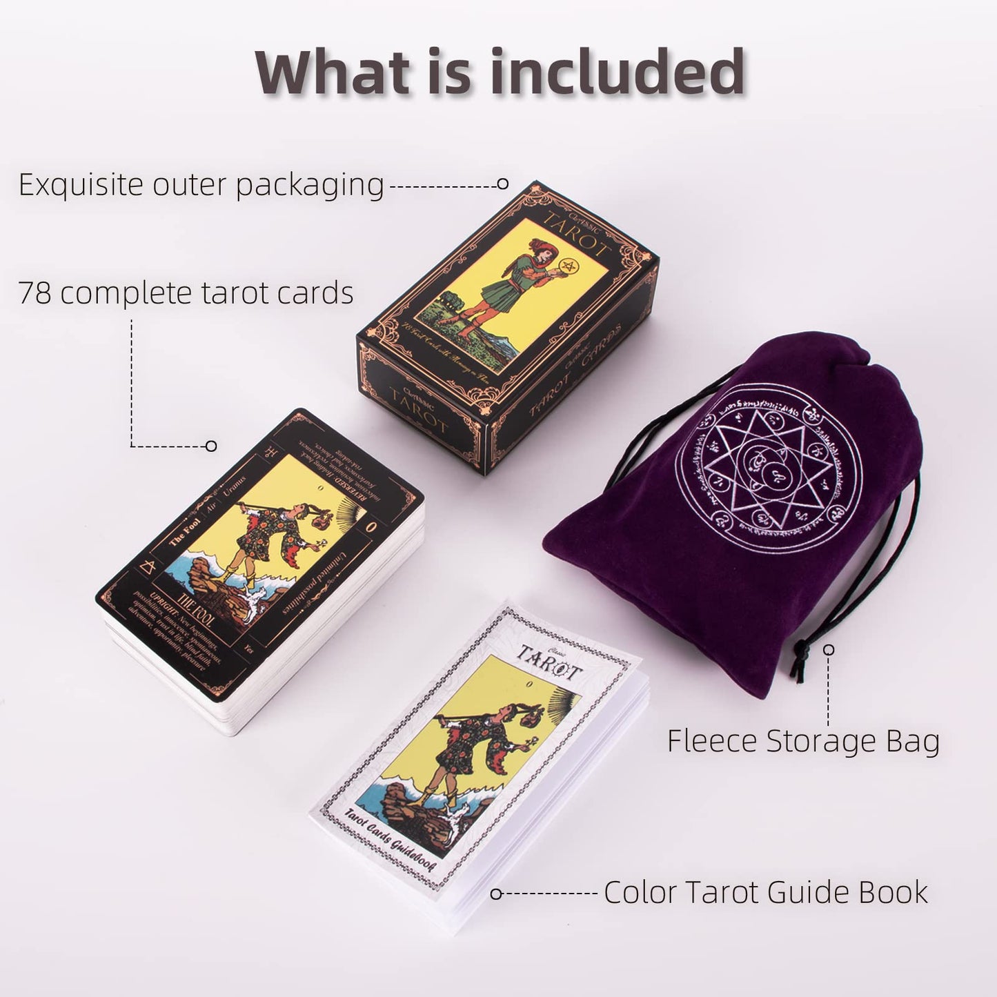 KLEDERY Tarot Cards for Beginners – Classic 78-Card Deck with Meanings, Guide Book, Black