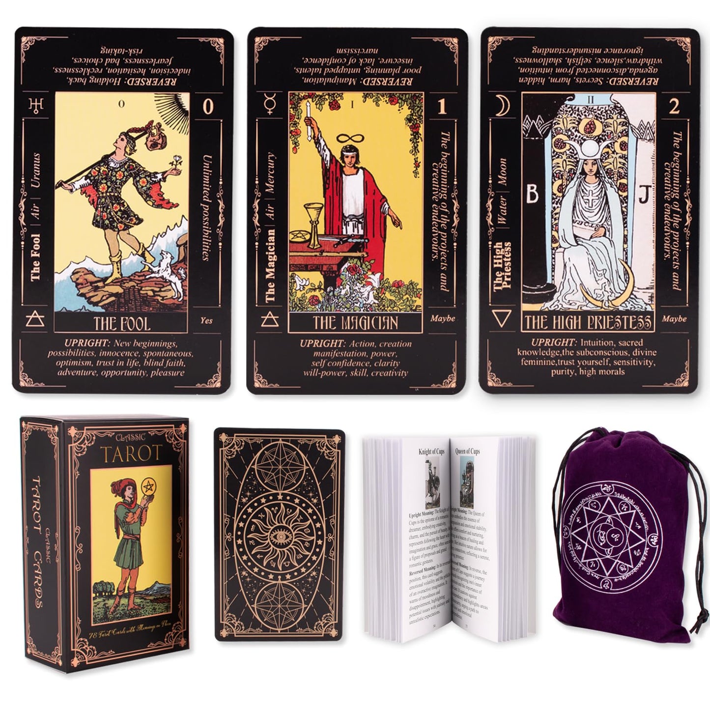 KLEDERY Tarot Cards for Beginners – Classic 78-Card Deck with Meanings, Guide Book, Black