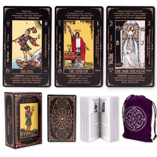 KLEDERY Tarot Cards for Beginners – Classic 78-Card Deck with Meanings, Guide Book, Black