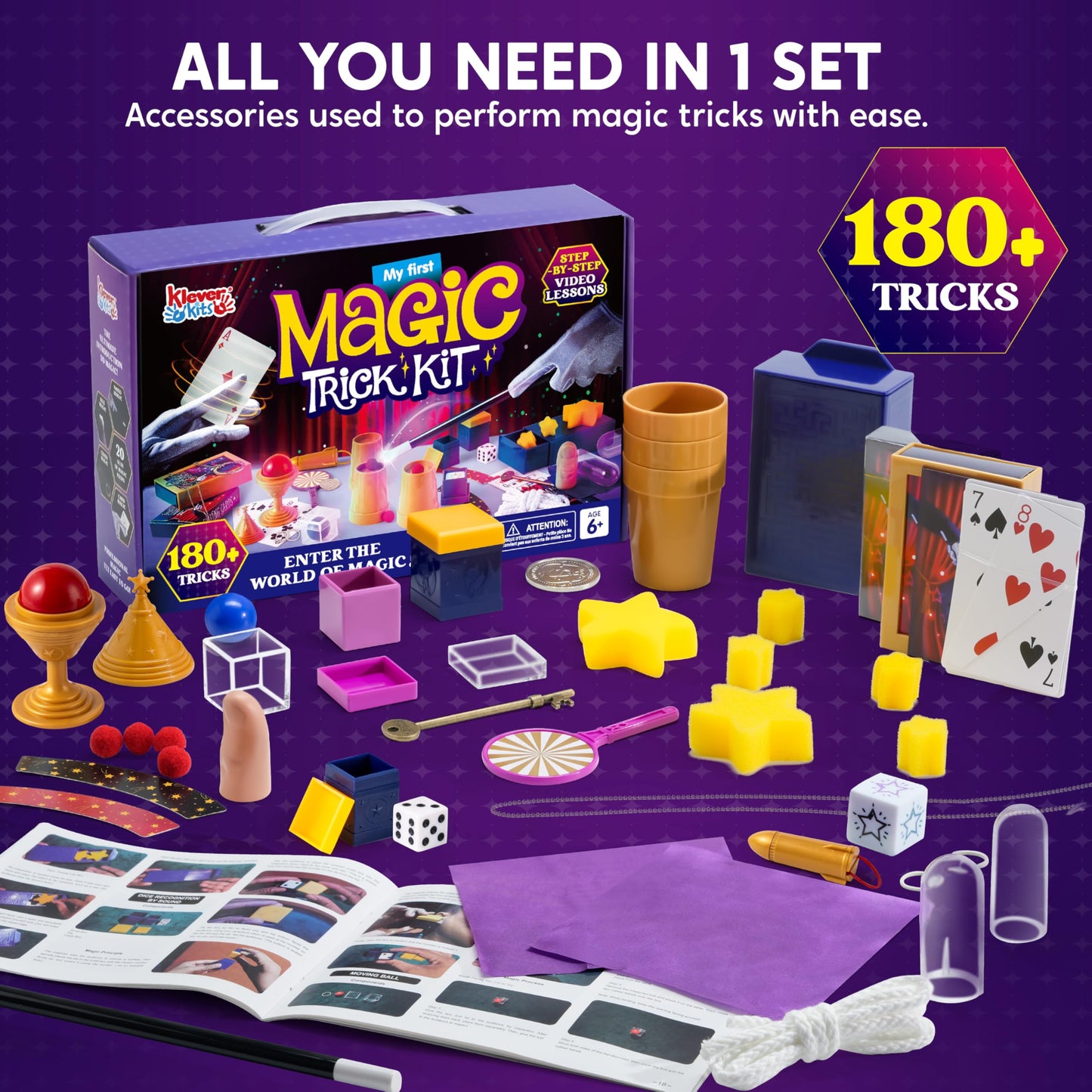 Klever Kits 180+ Magic Set – My First Magic Trick Kit for Kids 6+ | Step-by-Step Video Lessons