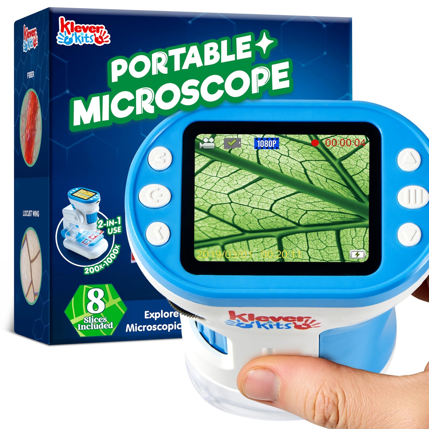 Klever Kits 2-in-1 Handheld Microscope for Kids — 1000X HD Digital Scope with 2.0-inch Screen, 32GB Card, by Jova