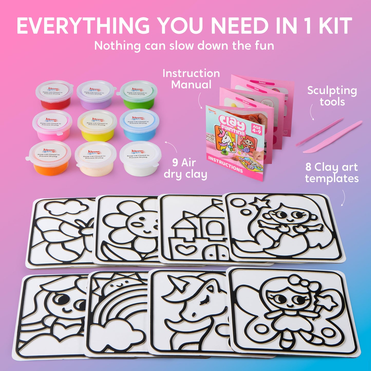 Klever Kits Air Dry Clay Painting Kit for Kids – 8 Grooved Boards, Non-Toxic