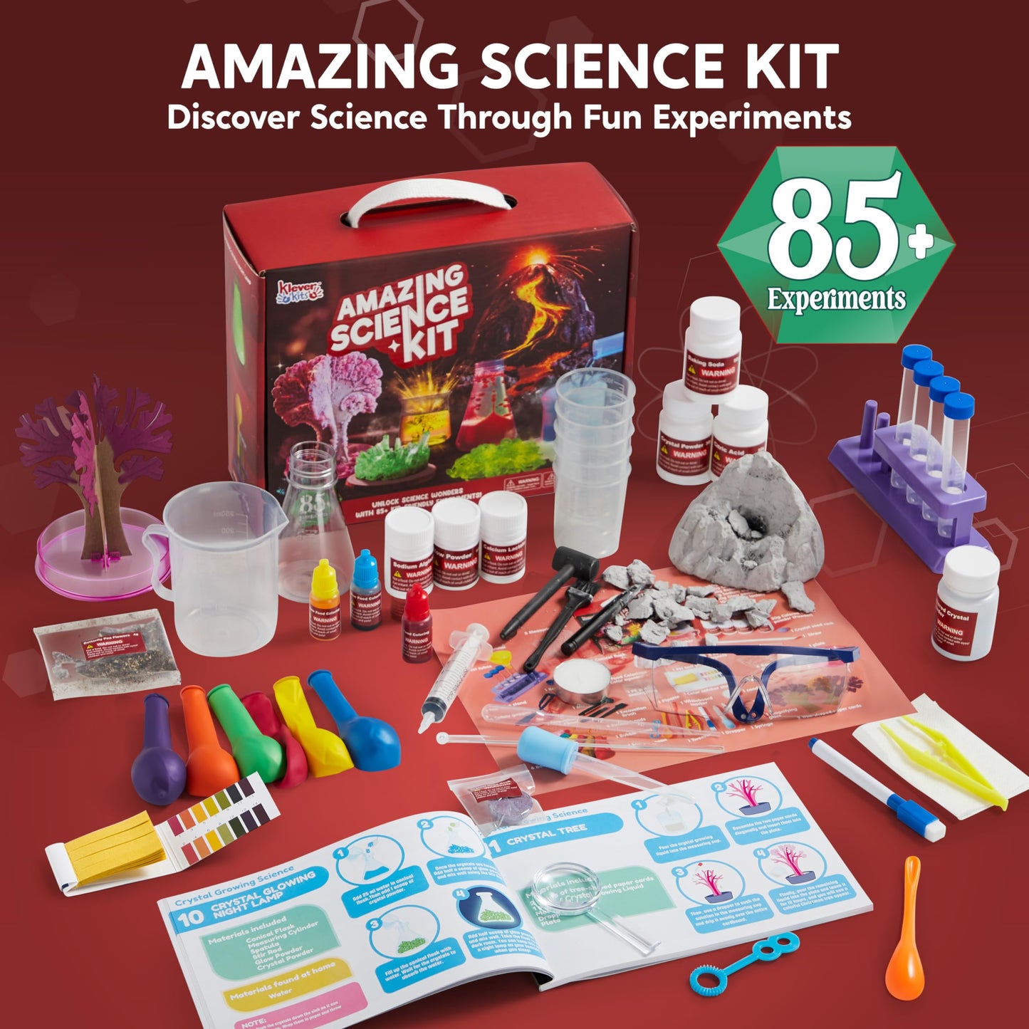 Klever Kits Amazing Science Kits – 85+ Experiments, Volcano & Crystal Tree for Kids 6–8+