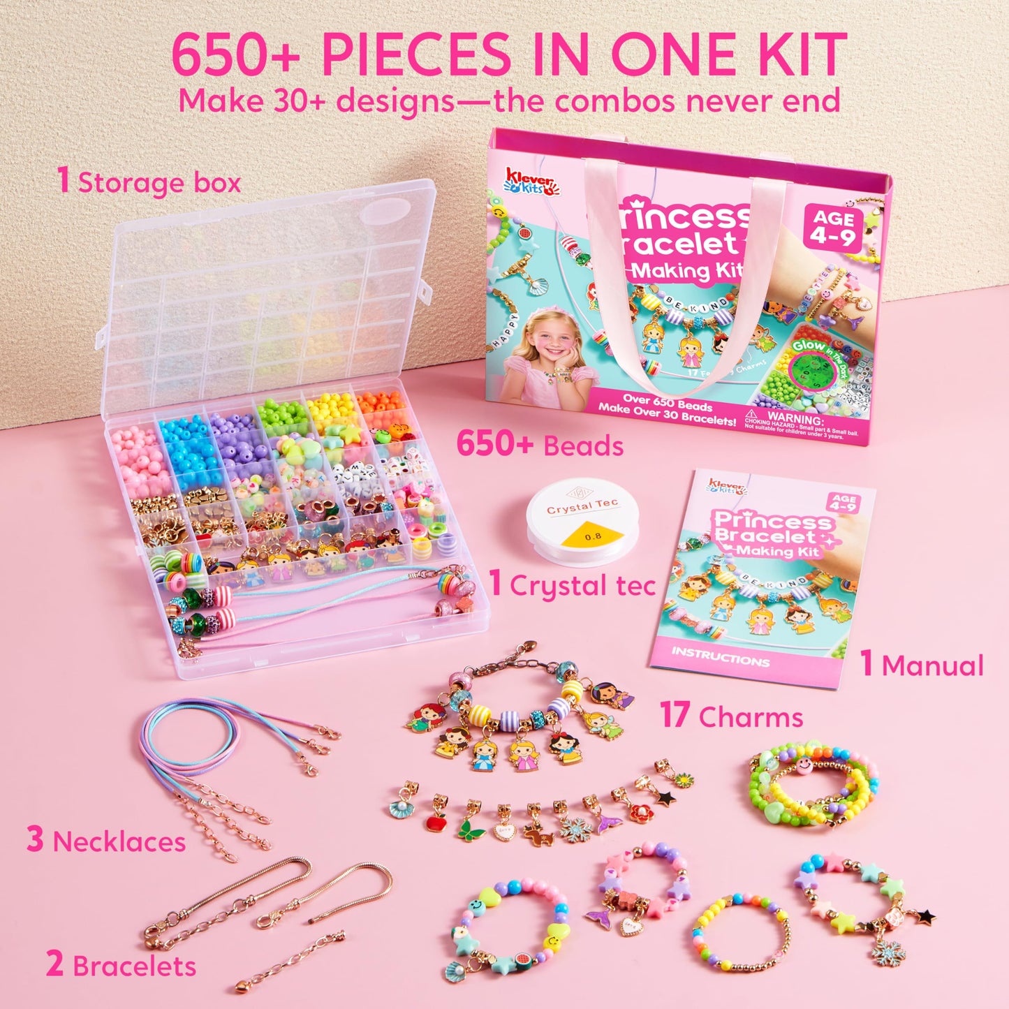 Klever Kits Princess Bracelet Making Kit – 650+ Beads, 30+ Designs, Safe Jewelry Craft for Girls