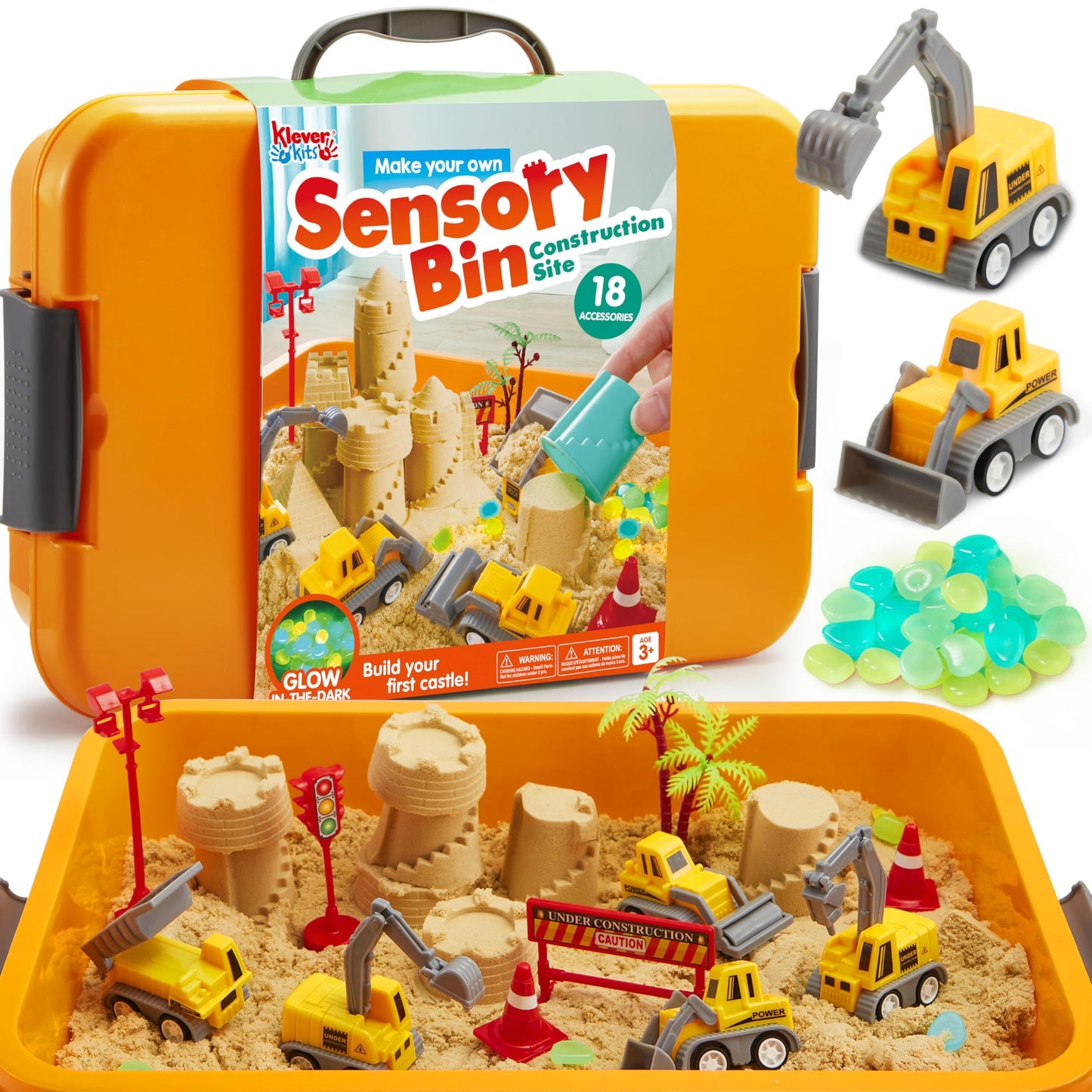 Klever Kits Construction Sensory Bin for Toddlers — Glow-in-the-Dark Stones & Castle Building Kit by JOVA